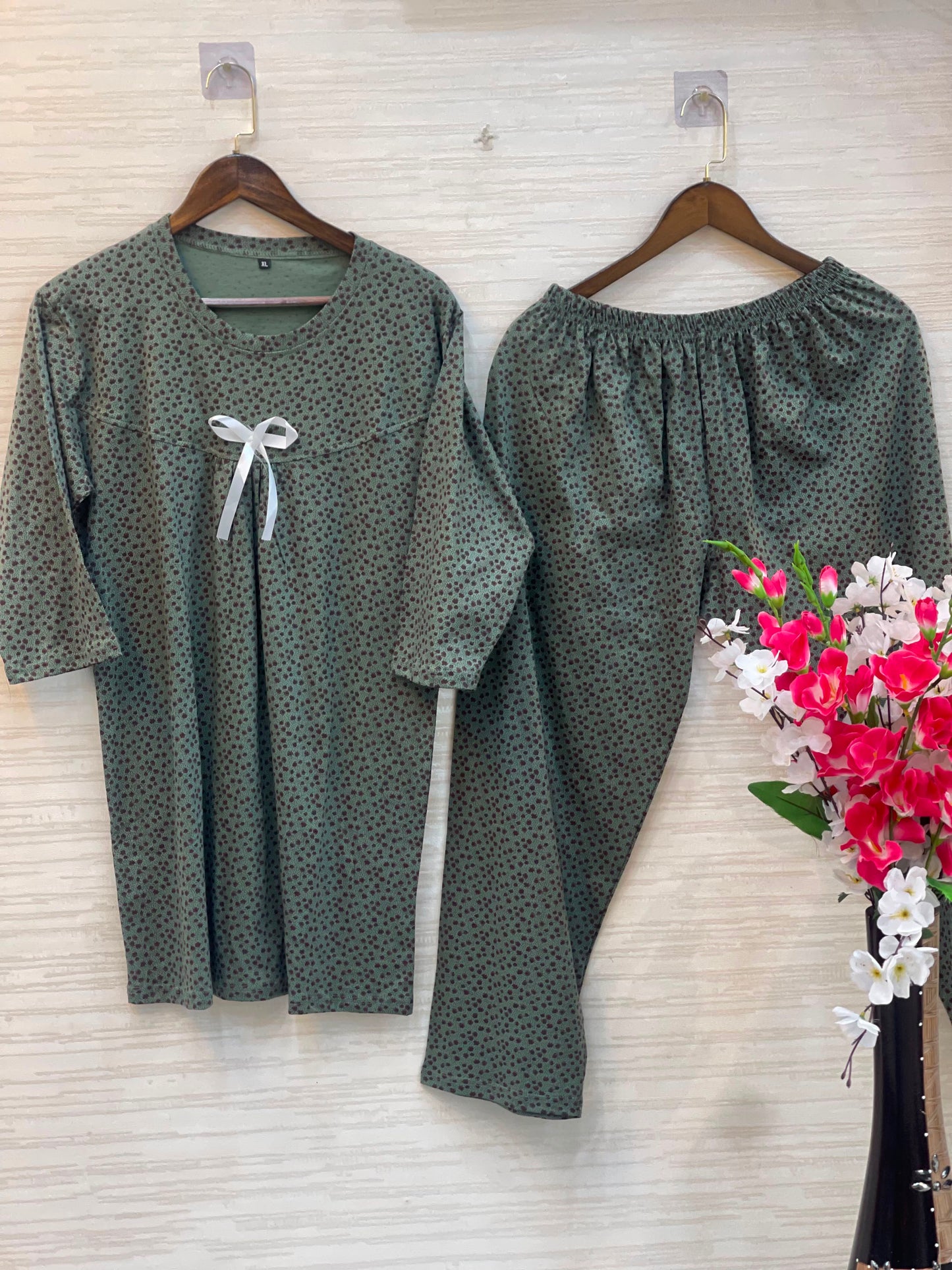 1014 Korean Bow Night Wear - Moss Green