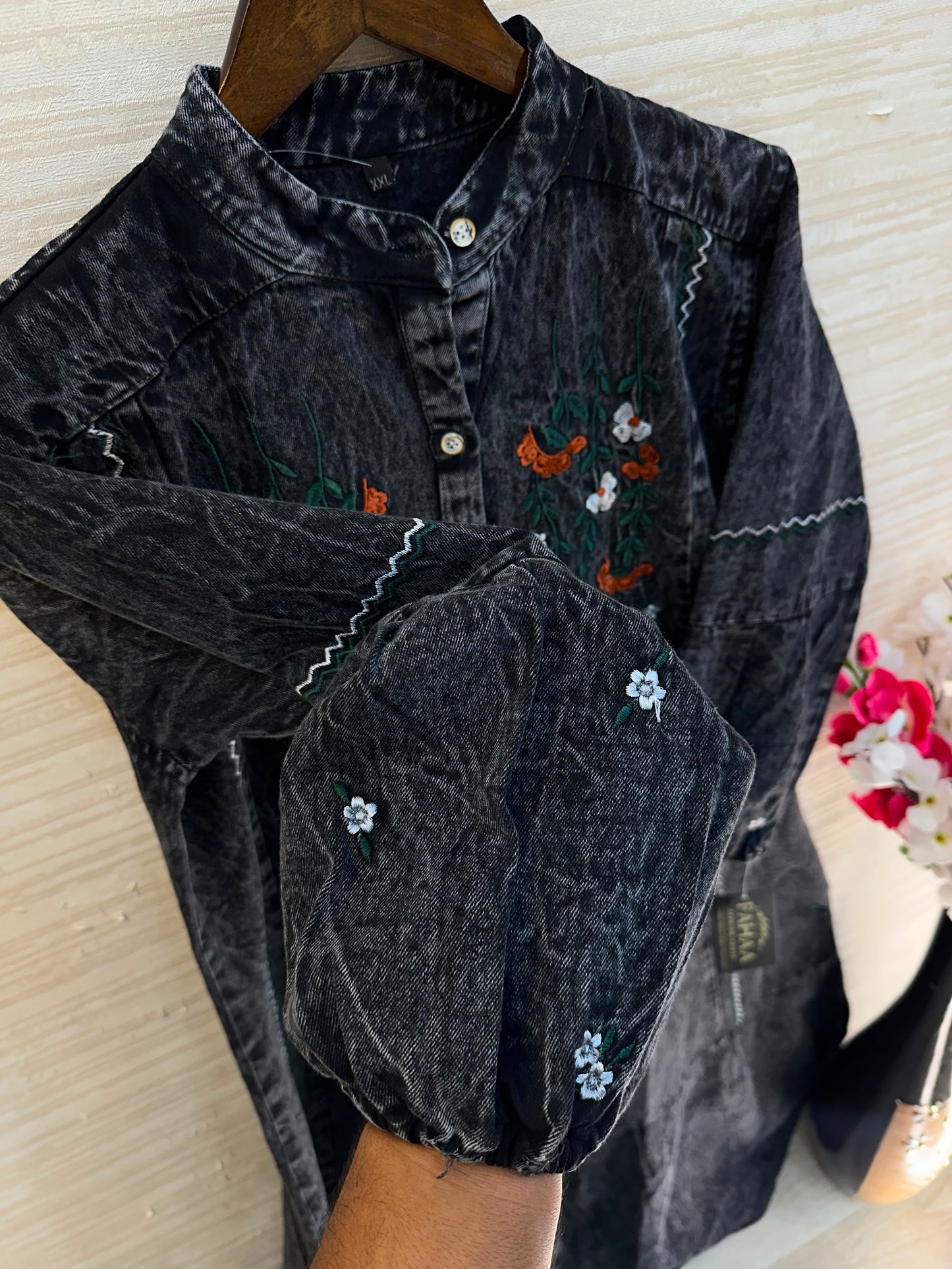 1210 Embroidered Denim Gown - Acid Black