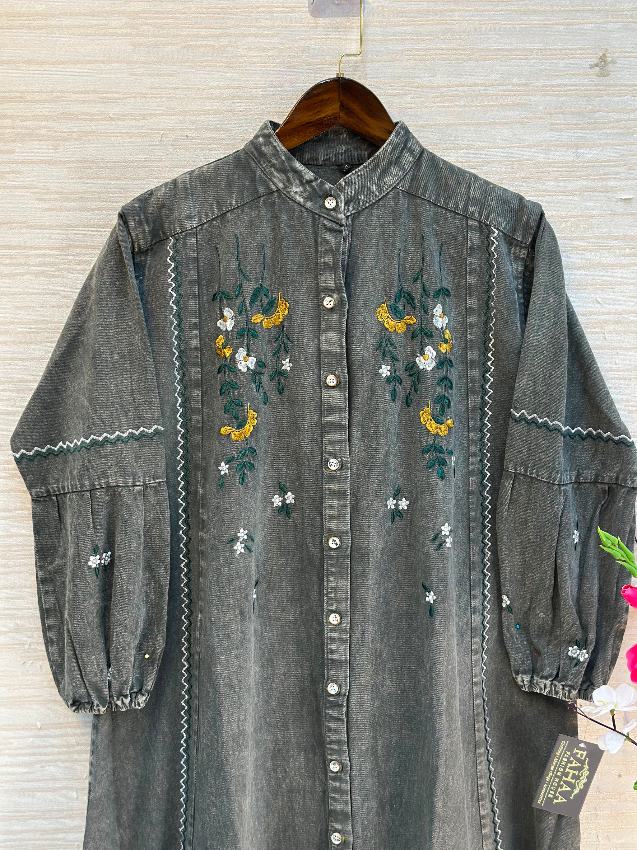 1210 Embroidered Denim Gown - Ash Grey