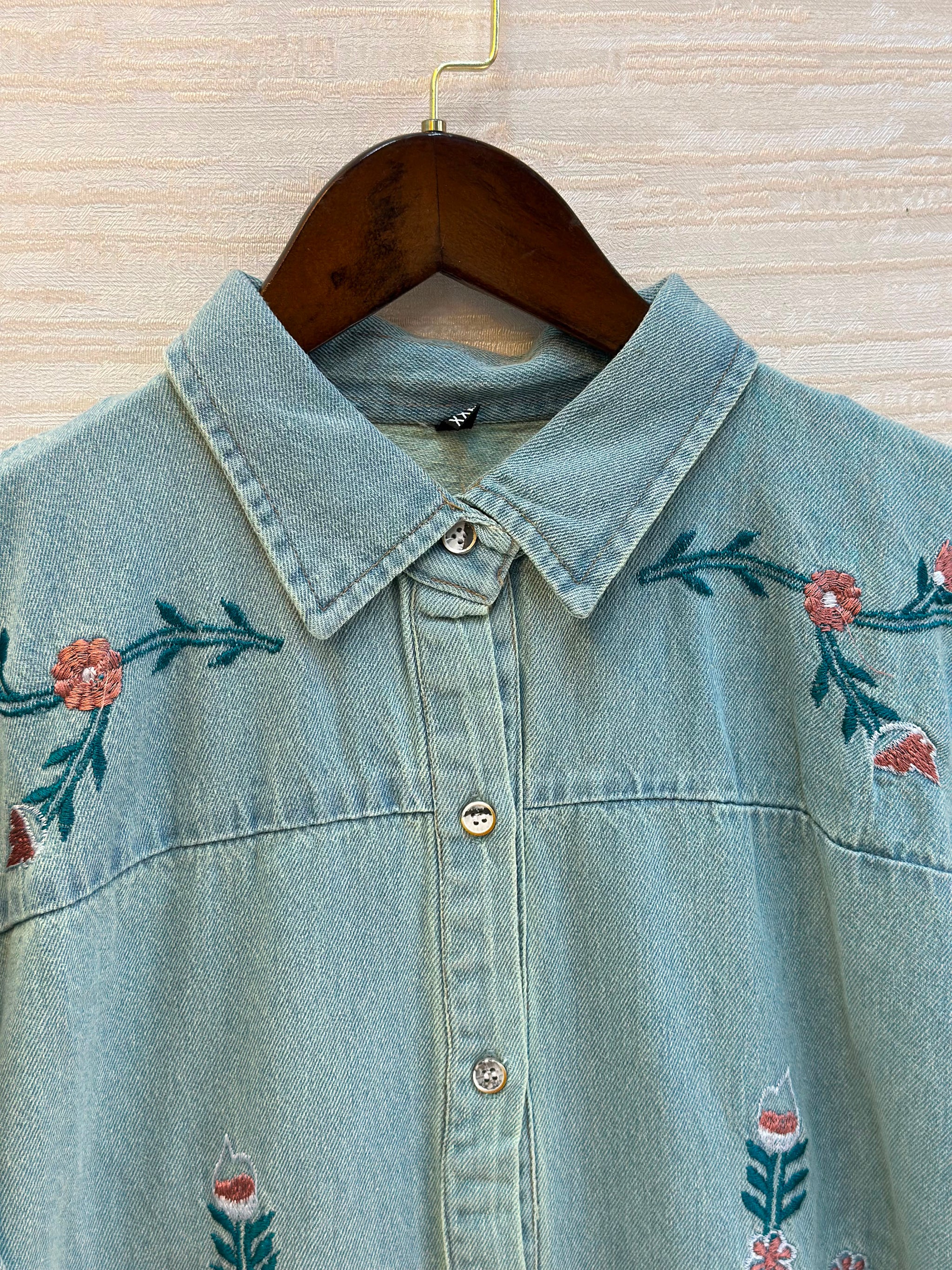 1210 Embroidered Denim Gown - Ice Blue