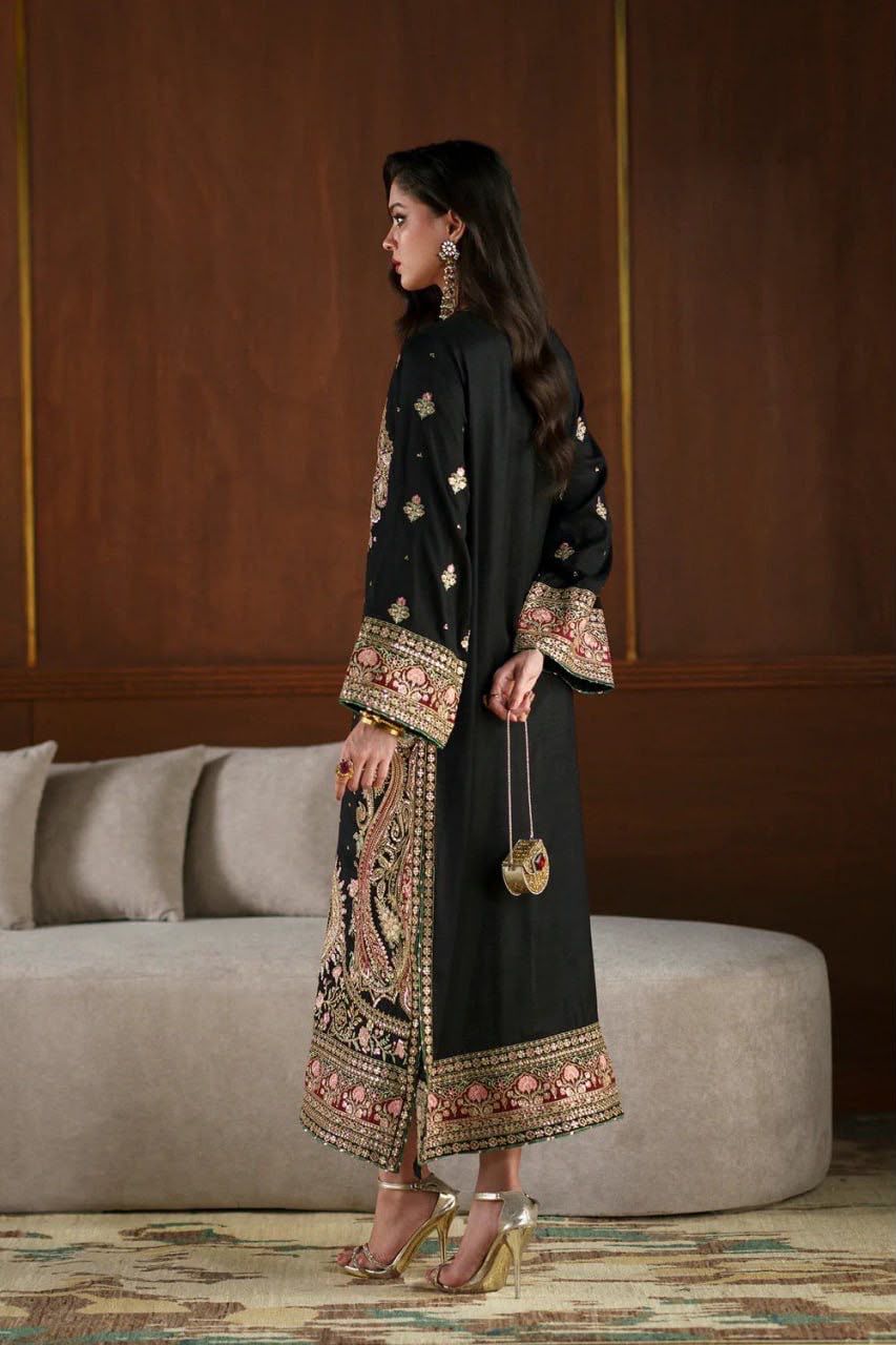 1319 Premium Pakistani Embroidered Black Kaftan 2 Pc Set