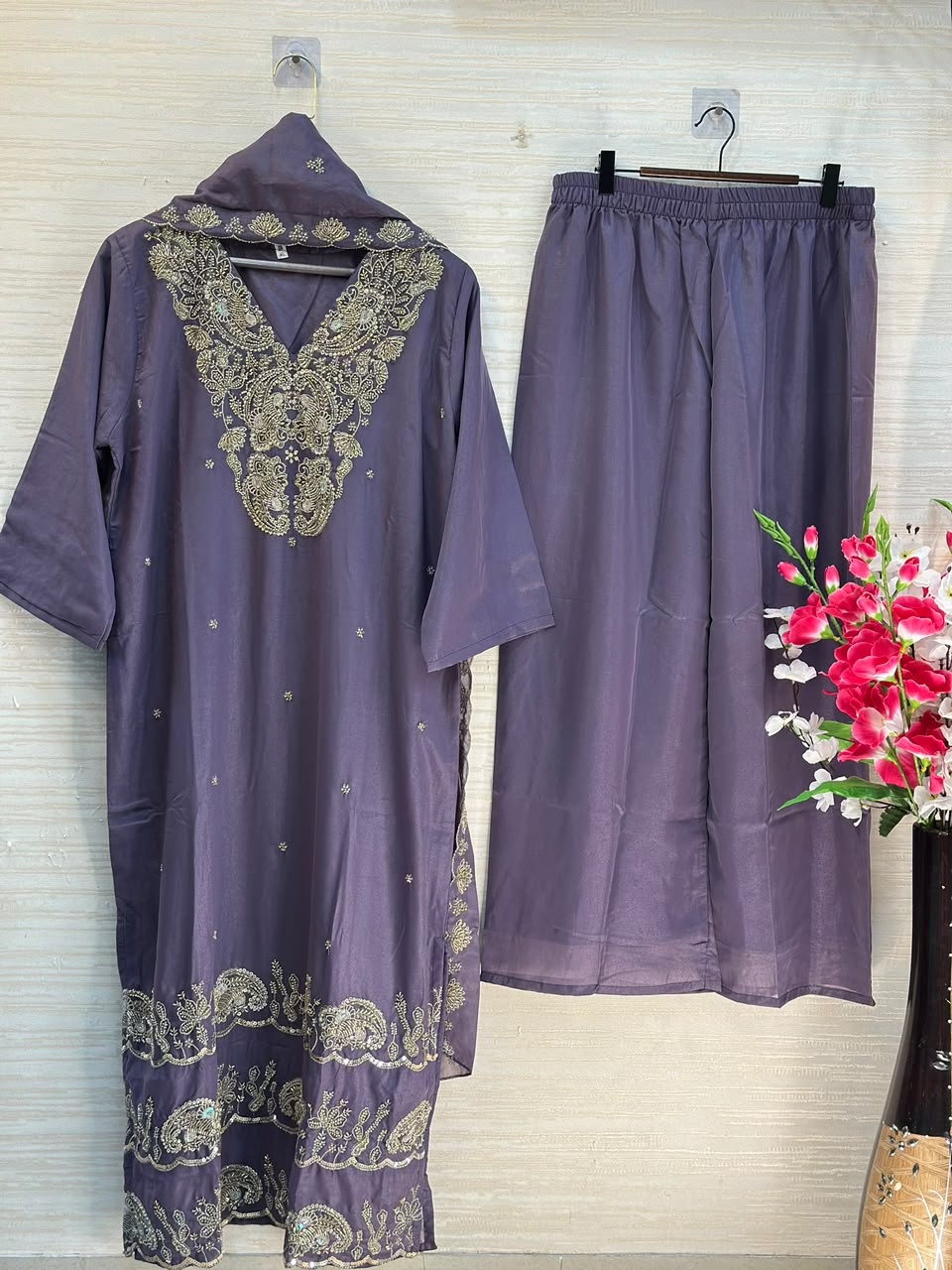 1204 Floral Hand-Work Partywear - Purple