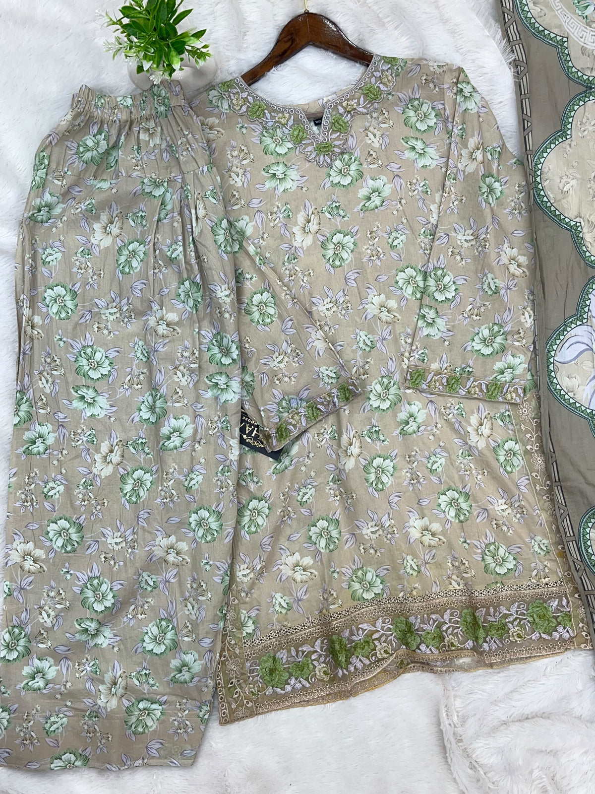 1441 Mausumery Foral Lawn Suit - Beige