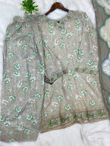 1441 Mausumery Foral Lawn Suit - Beige