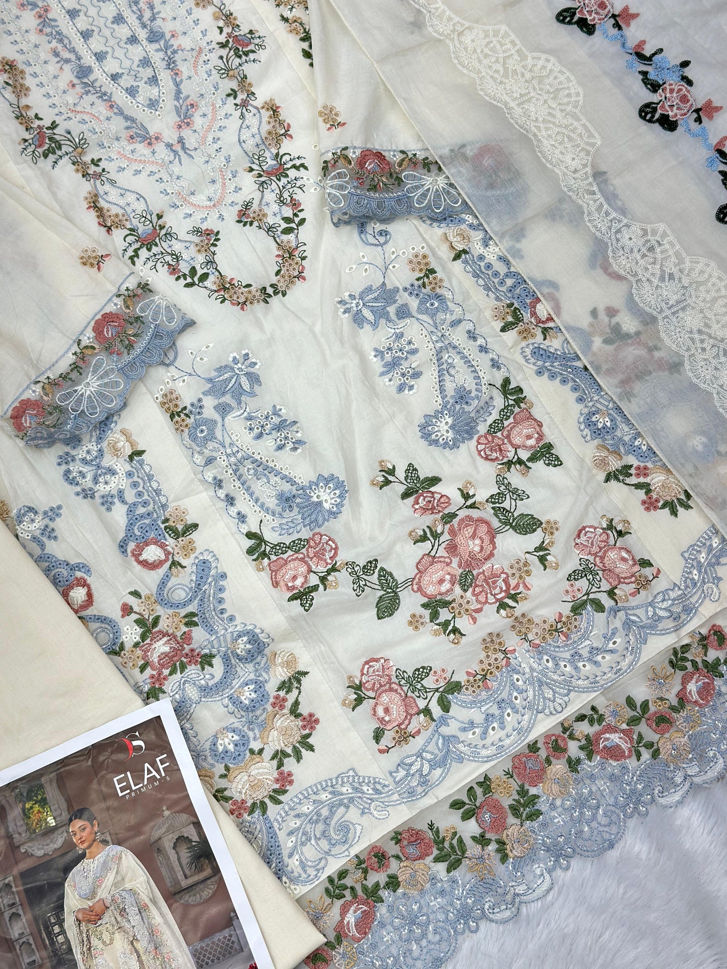 866 Elaf Pakistani Unstitched chikan Lawn Suit