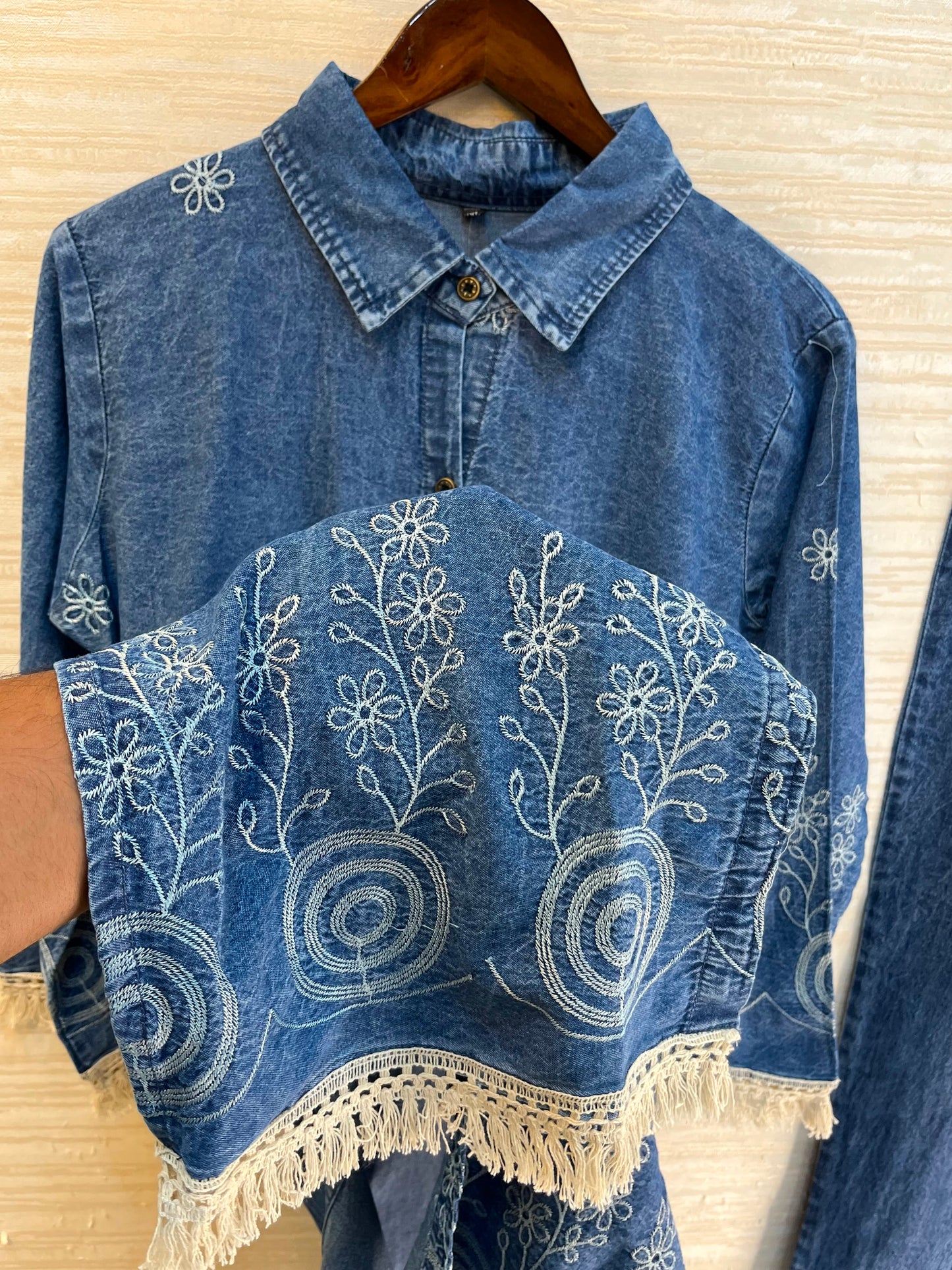 1203 Long Embroidered Denim Coordset - Blue