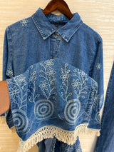 1203 Long Embroidered Denim Coordset - Blue