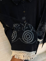 1203 Long Embroidered Denim Coordset - Black
