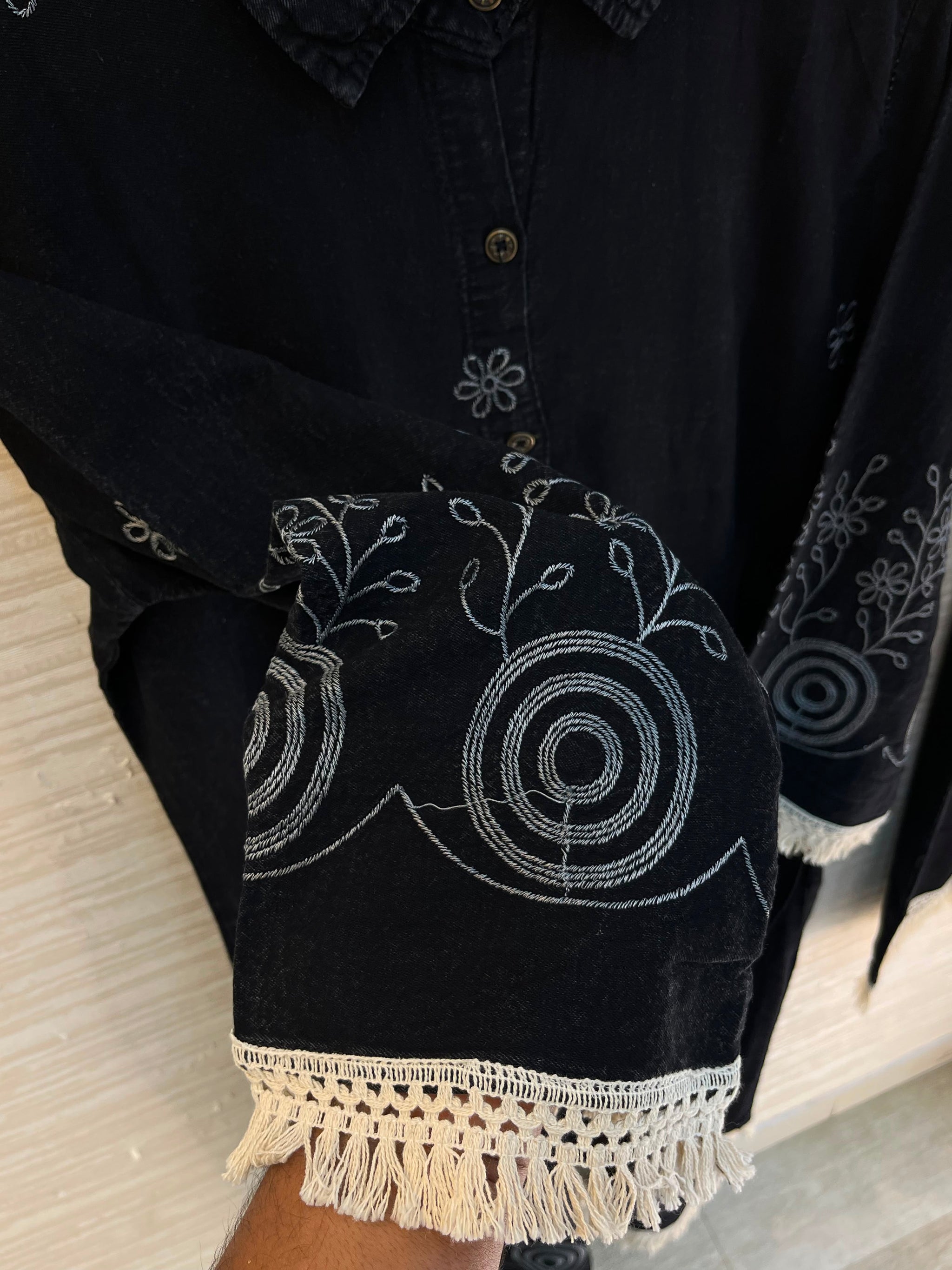 1203 Long Embroidered Denim Coordset - Black
