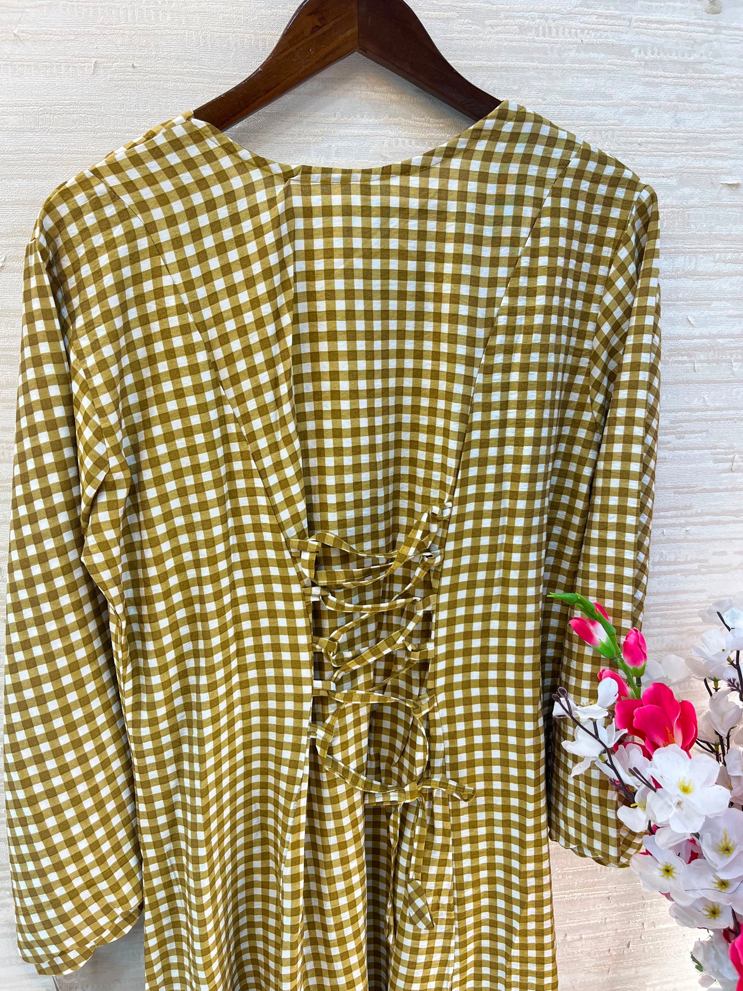 1209 Korean Gingham Gown - Olive Mustard