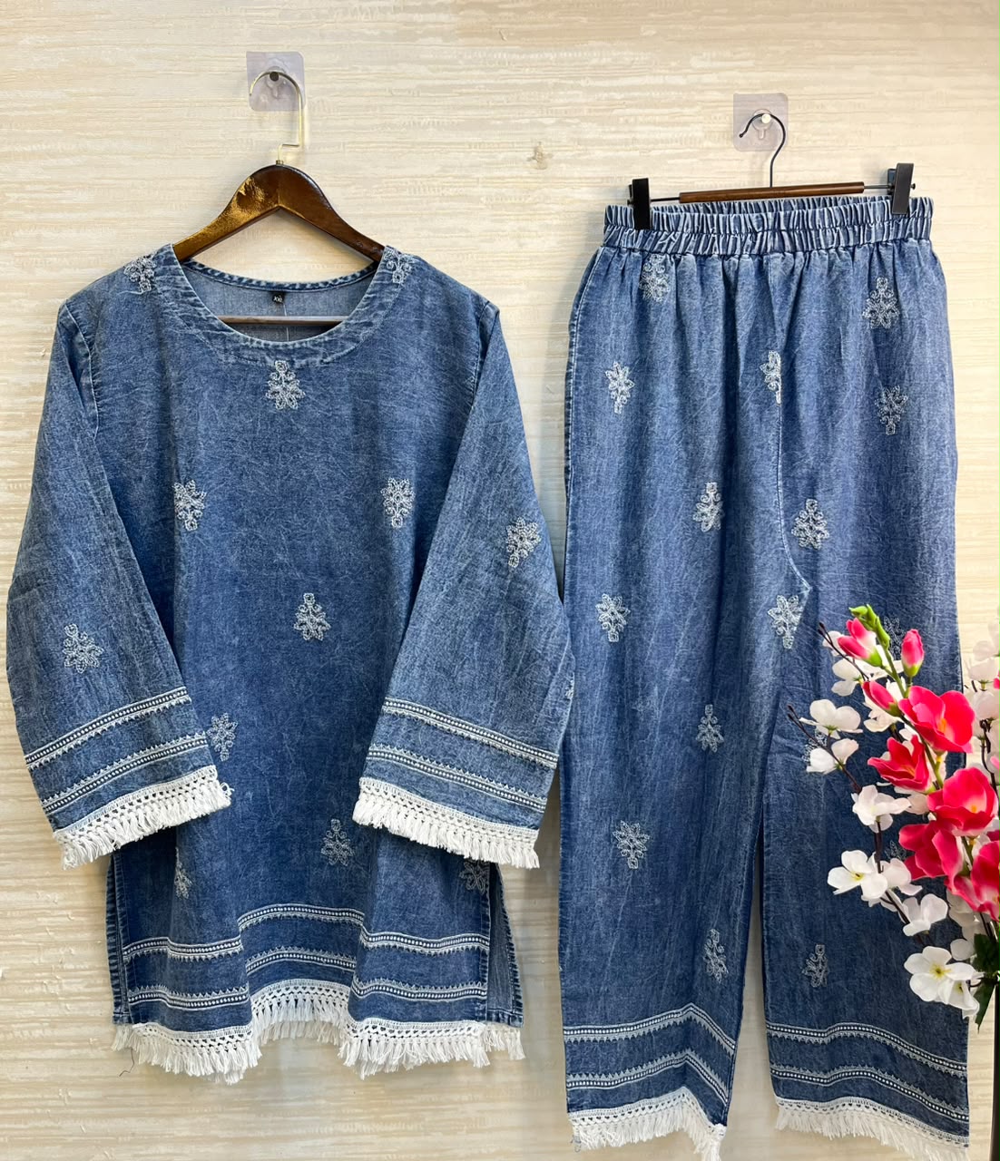 1189 Embroidered Denim Coordset - Mid Blue