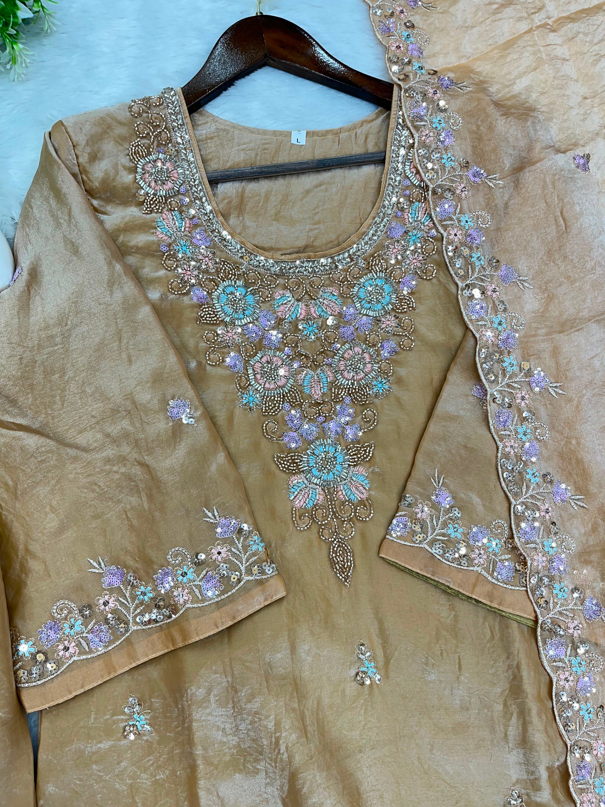 1204 Floral Hand-Work Partywear - Golden Beige