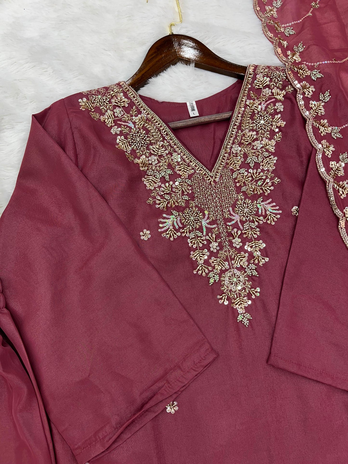 1204 Floral Hand-Work Partywear - Wine Maroon
