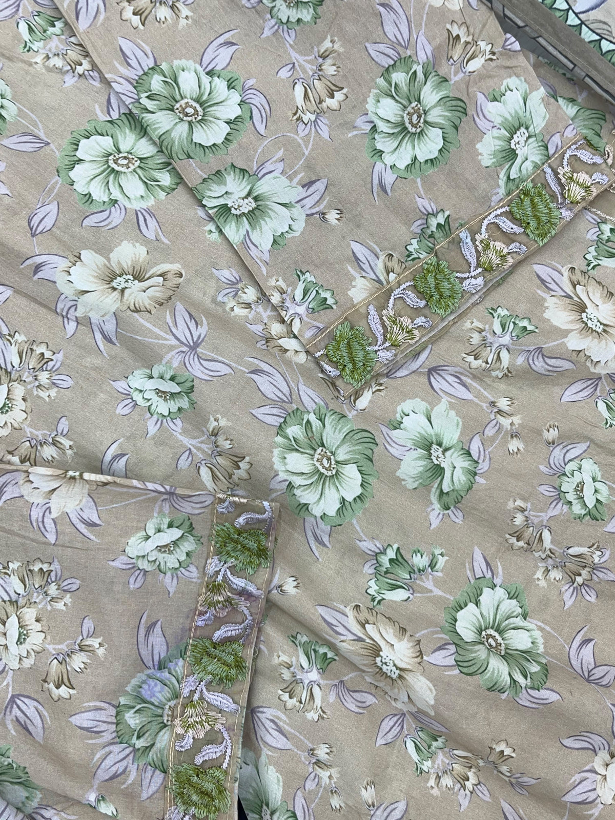 1441 Mausumery Foral Lawn Suit - Beige