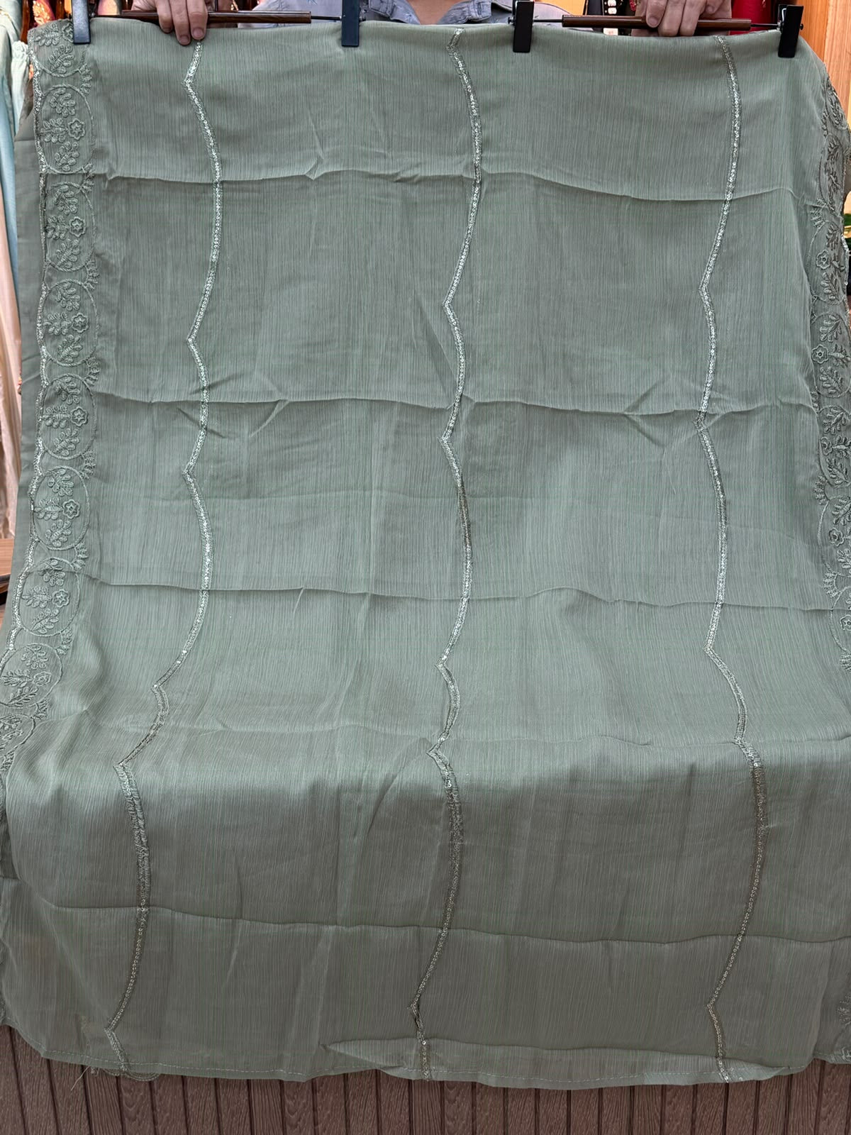 1456 Pakistani Unstitched Partywear - Olive Green