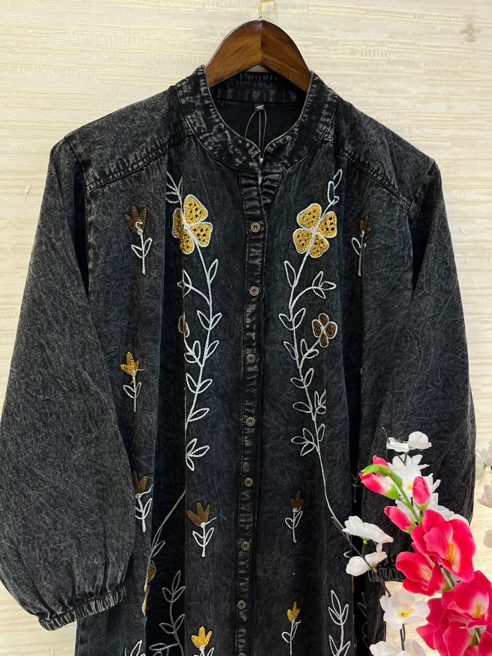 1193 Embroidered Denim Gown - Black