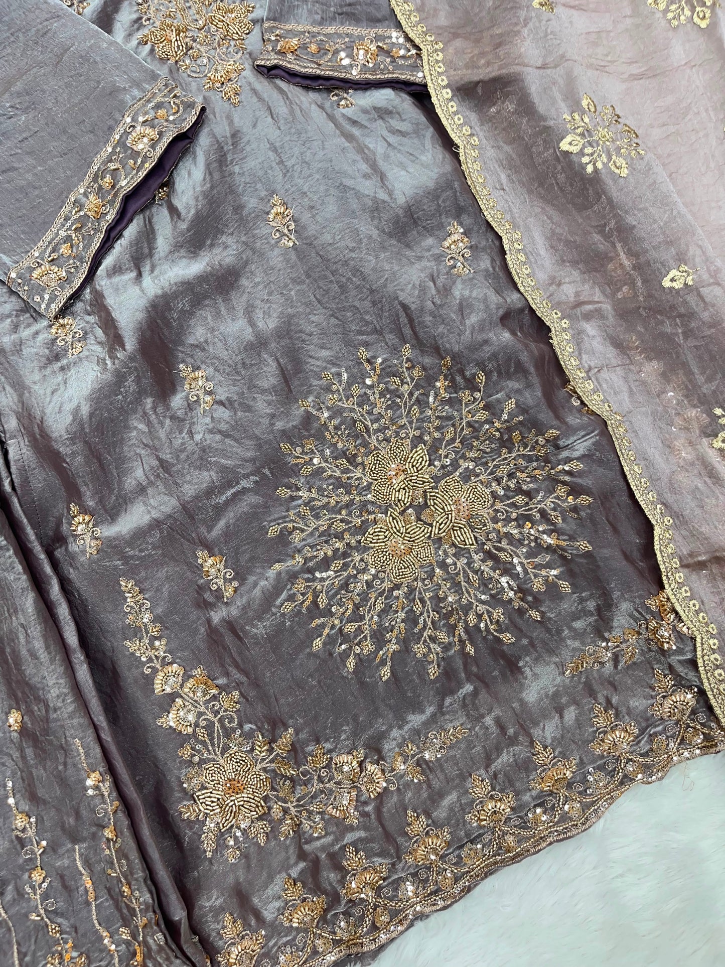 1204 Floral Hand-Work Partywear - Ash Brown