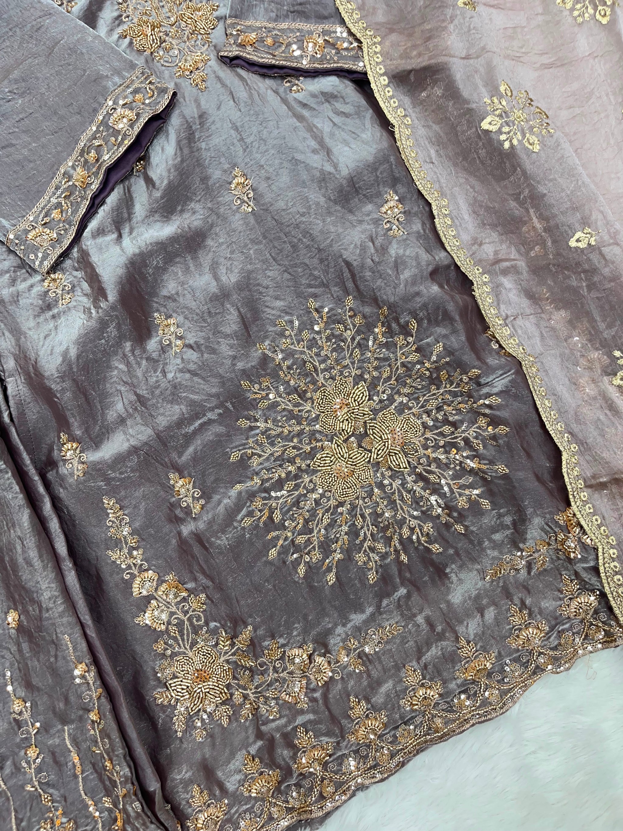 1204 Floral Hand-Work Partywear - Ash Brown