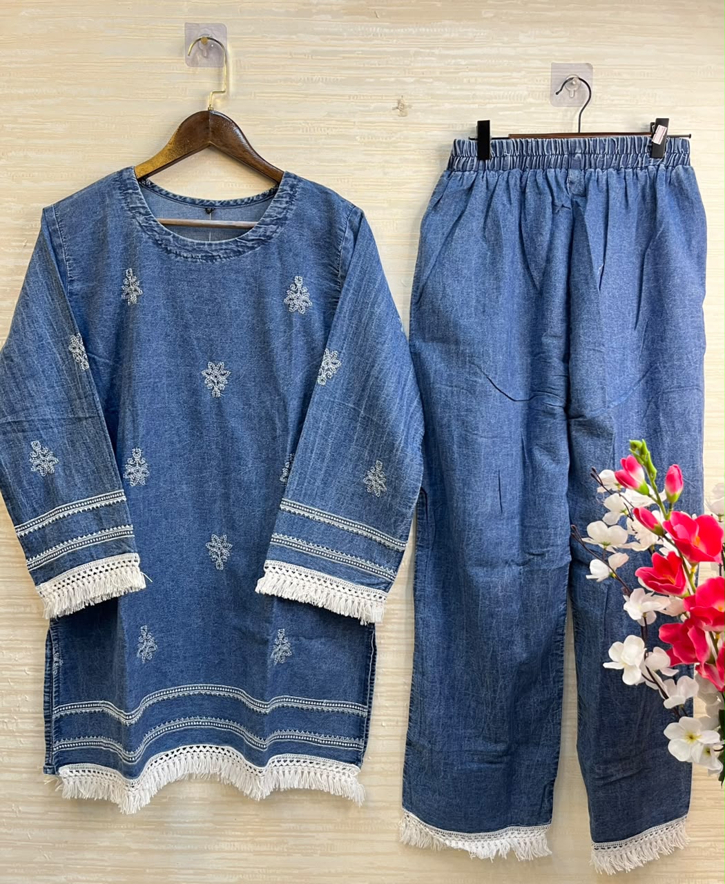 1189 Embroidered Denim Coordset - Light Blue