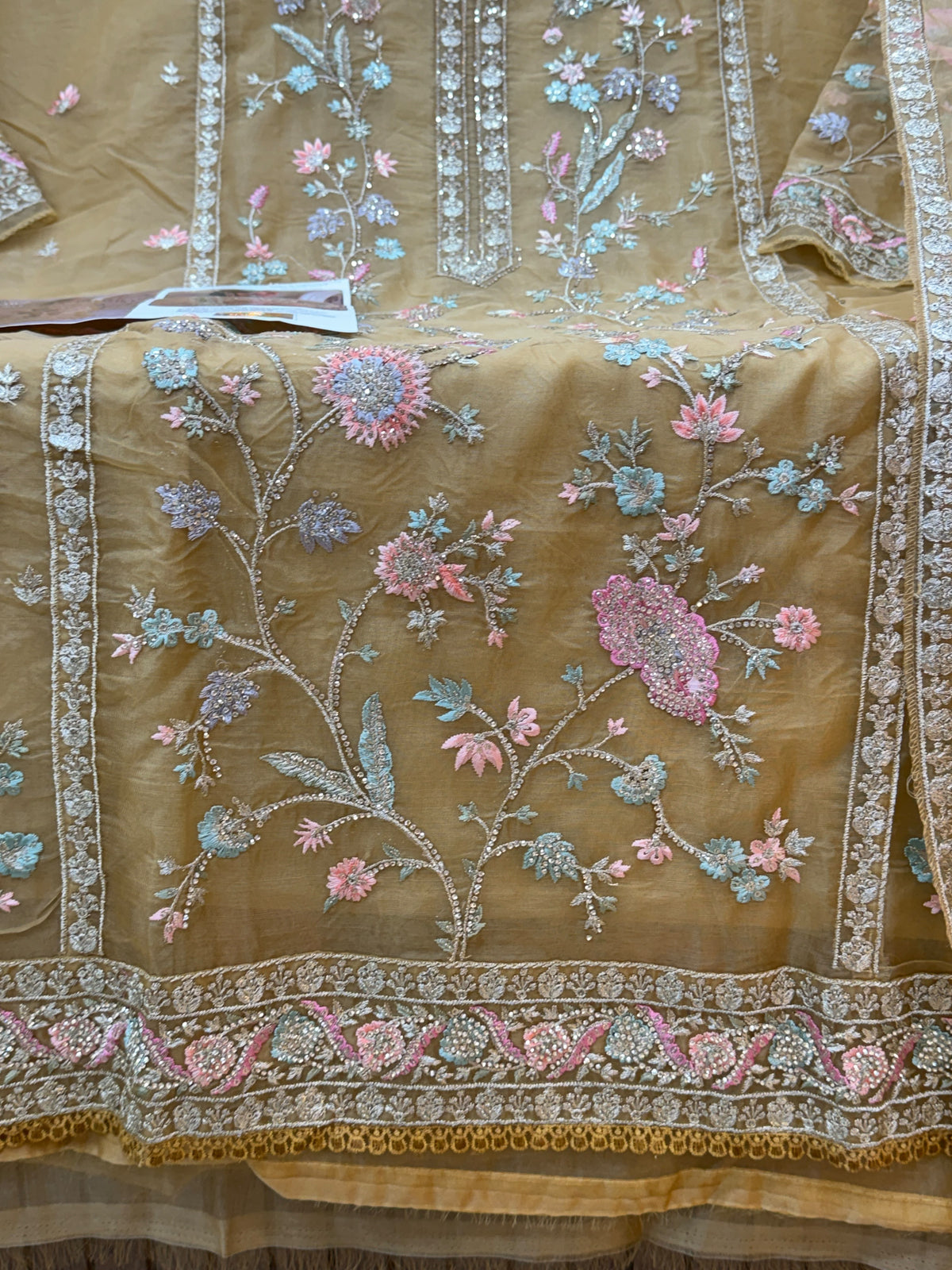 1453 Pakistani Unstitched Partywear - Golden Beige