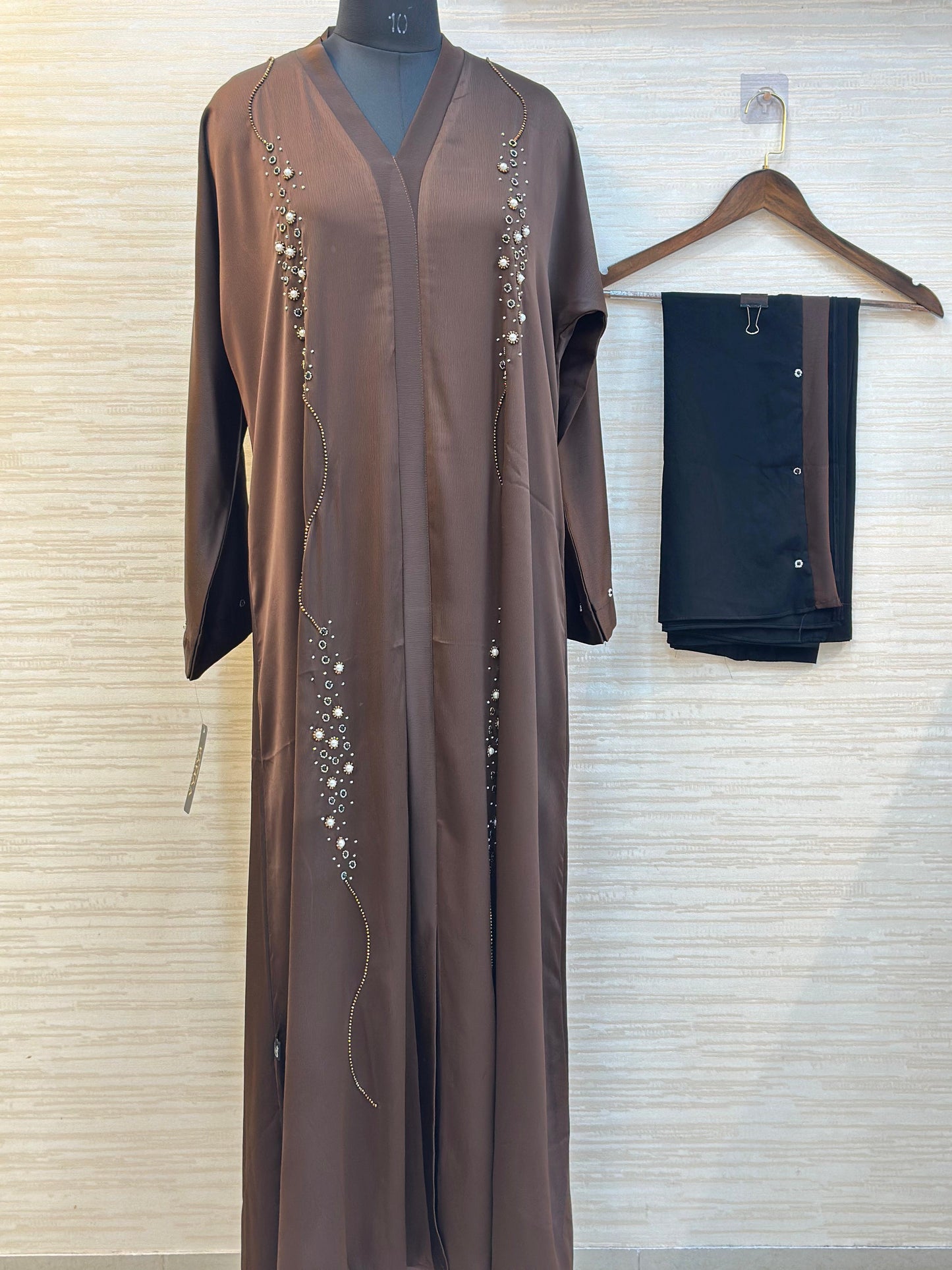 334 Midnight Pearl Embellished Abaya Set - Brown
