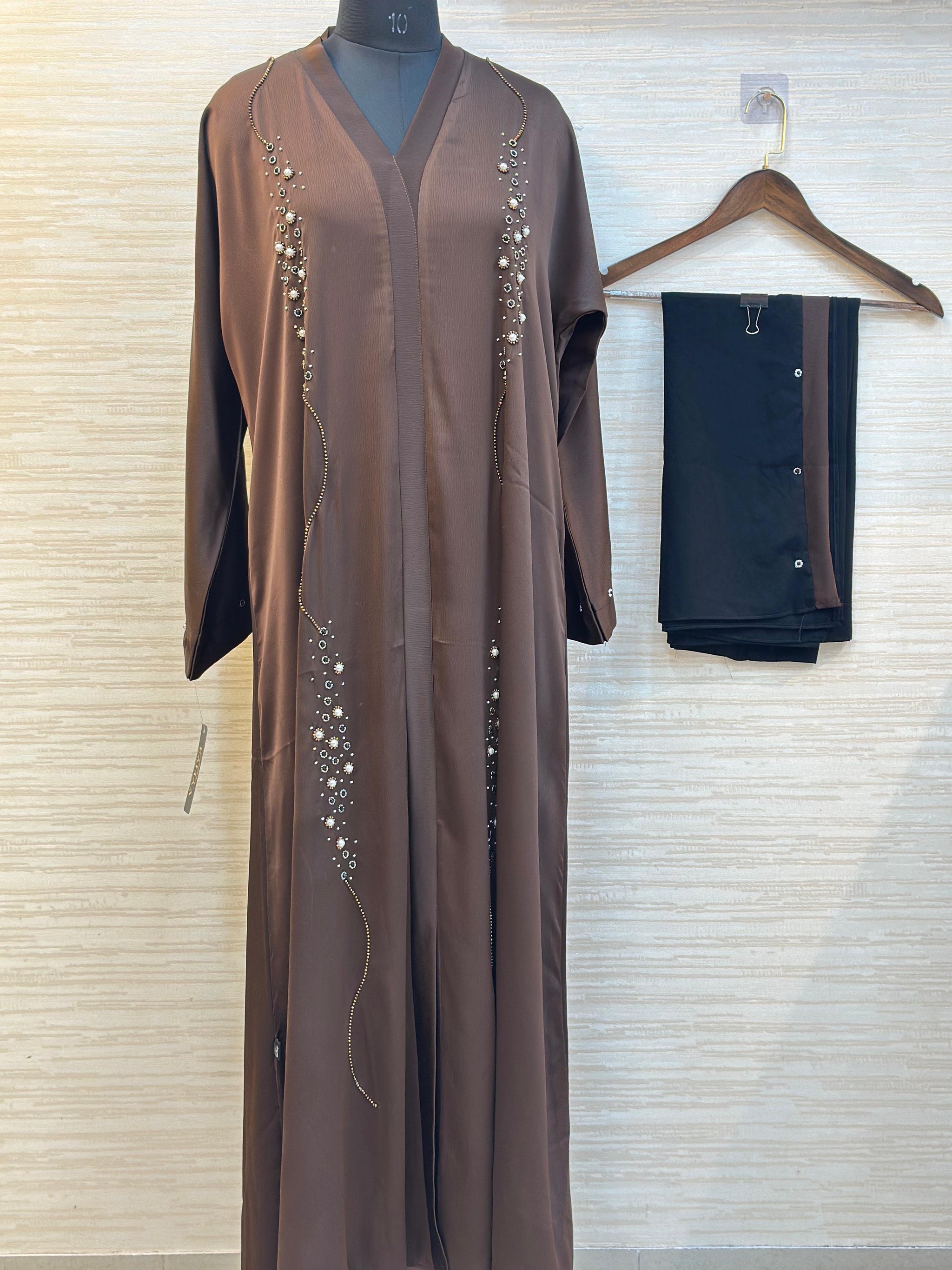 334 Midnight Pearl Embellished Abaya Set - Brown