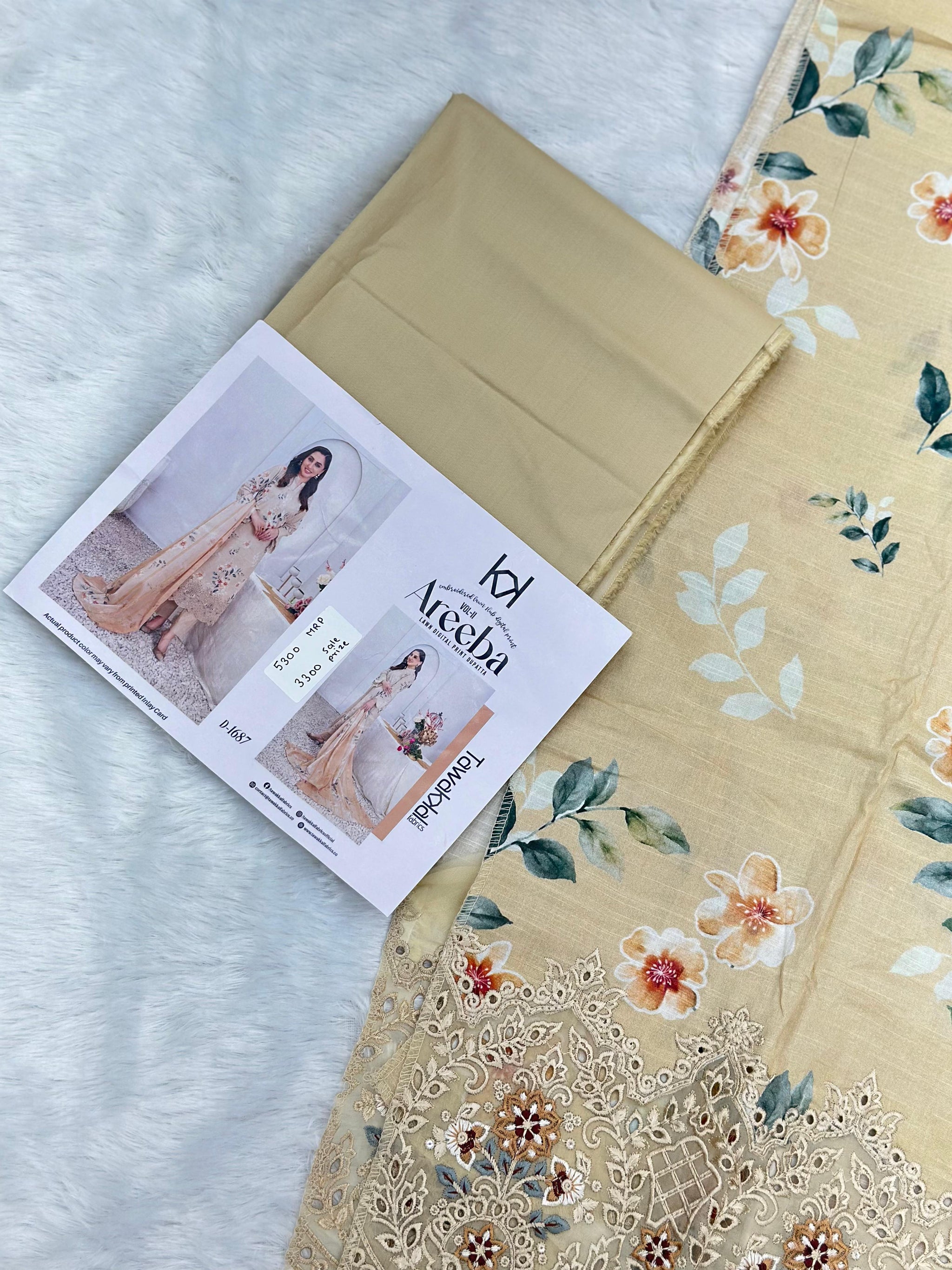 889 Unstitched OG Areeba by Tawakkal Fabrics Embroidered Lawn Suit
