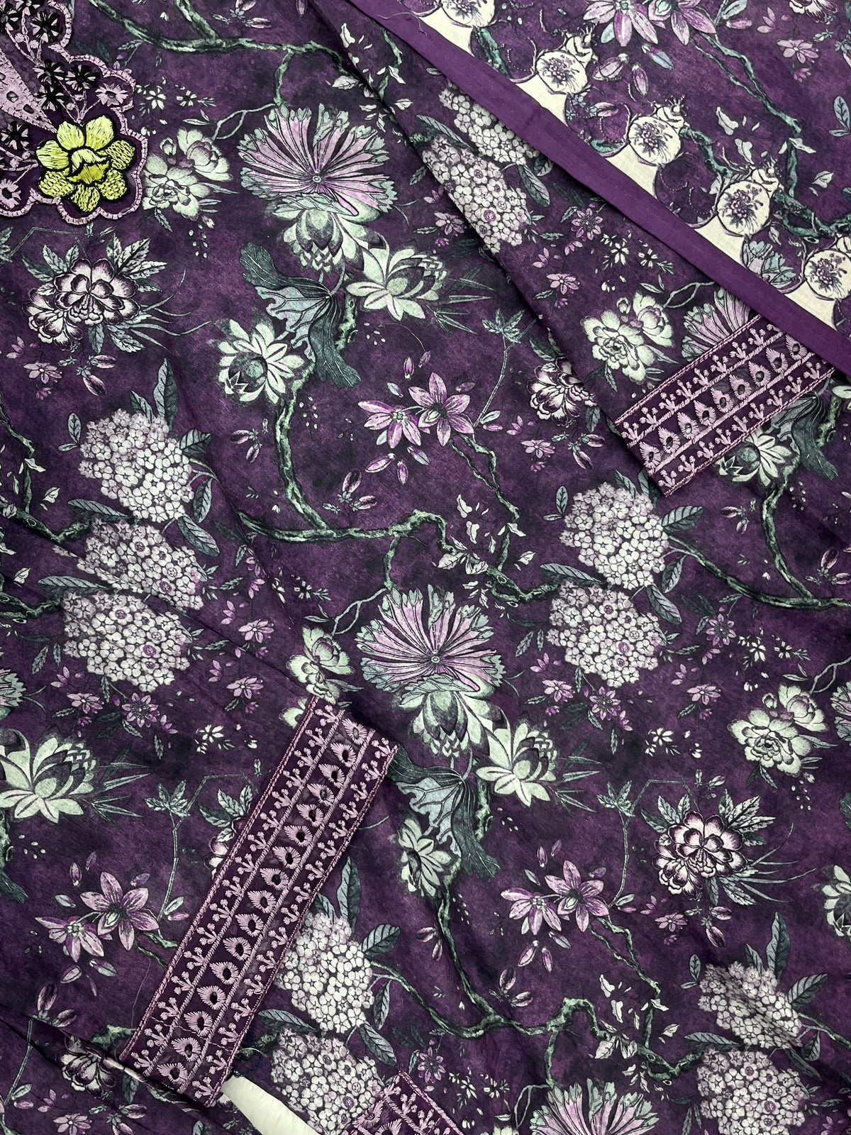 1424 Mausumery Foral Lawn Suit - Green