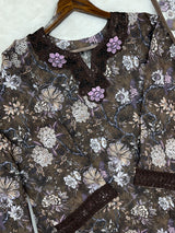1424 Mausumery Foral Lawn Suit - Brown
