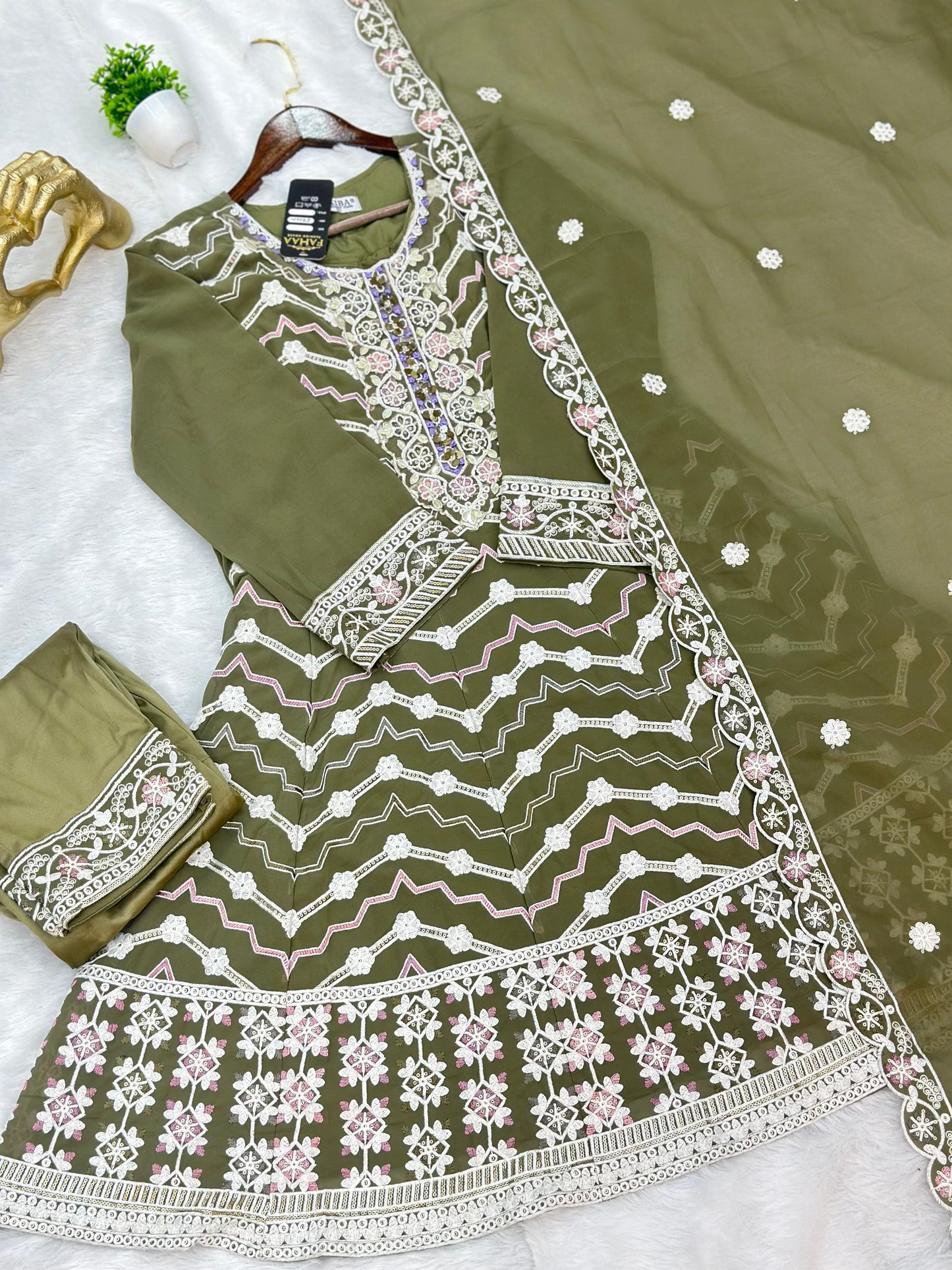 653 Pakistani Embroidered Frock Set - Mehendi Green