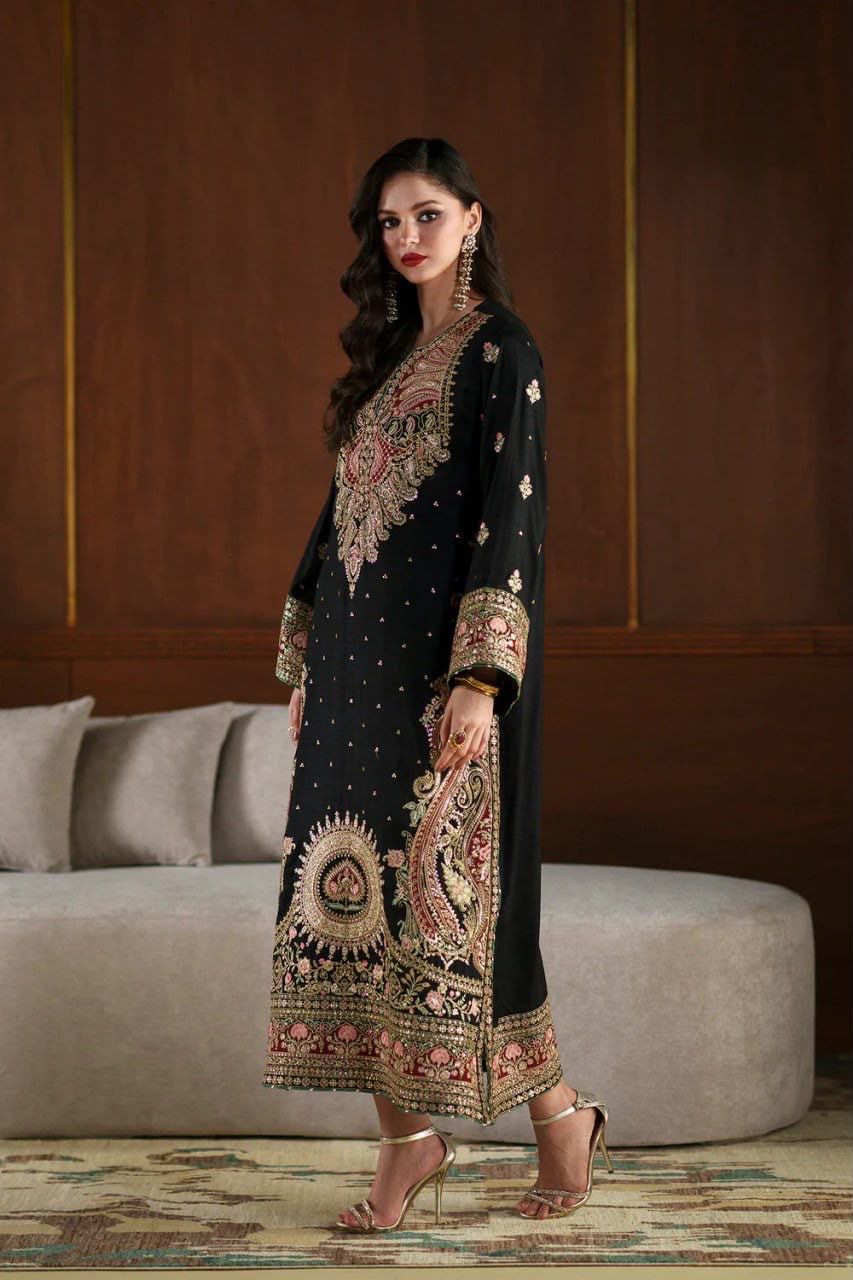1319 Premium Pakistani Embroidered Black Kaftan 2 Pc Set