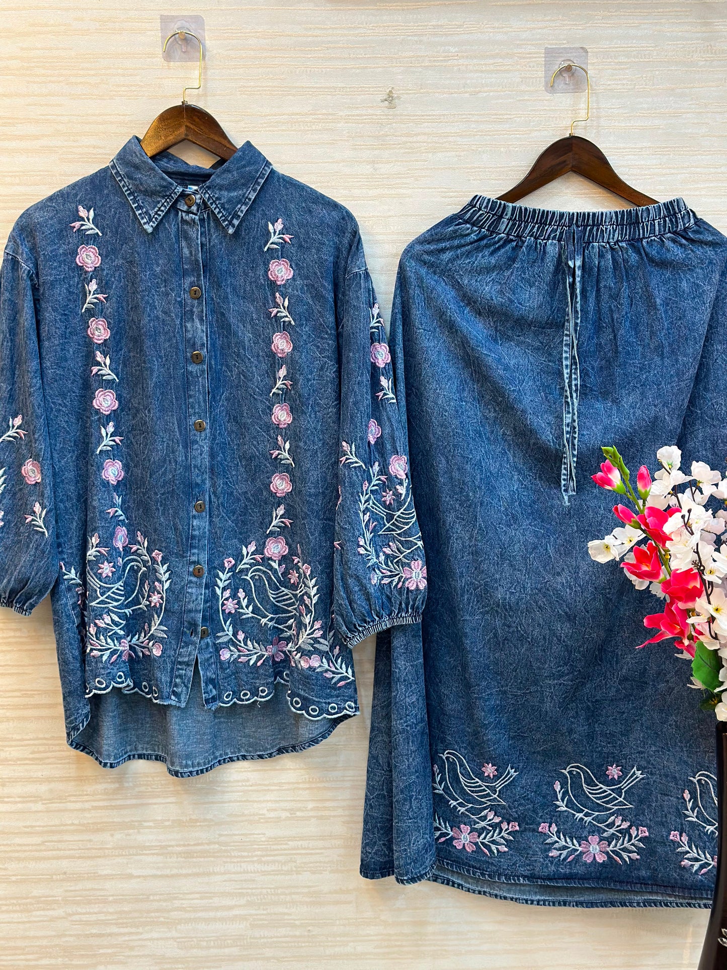 1095 Denim Embroidered Skirt Coord Set - Mid Blue