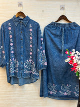 1095 Denim Embroidered Skirt Coord Set - Mid Blue
