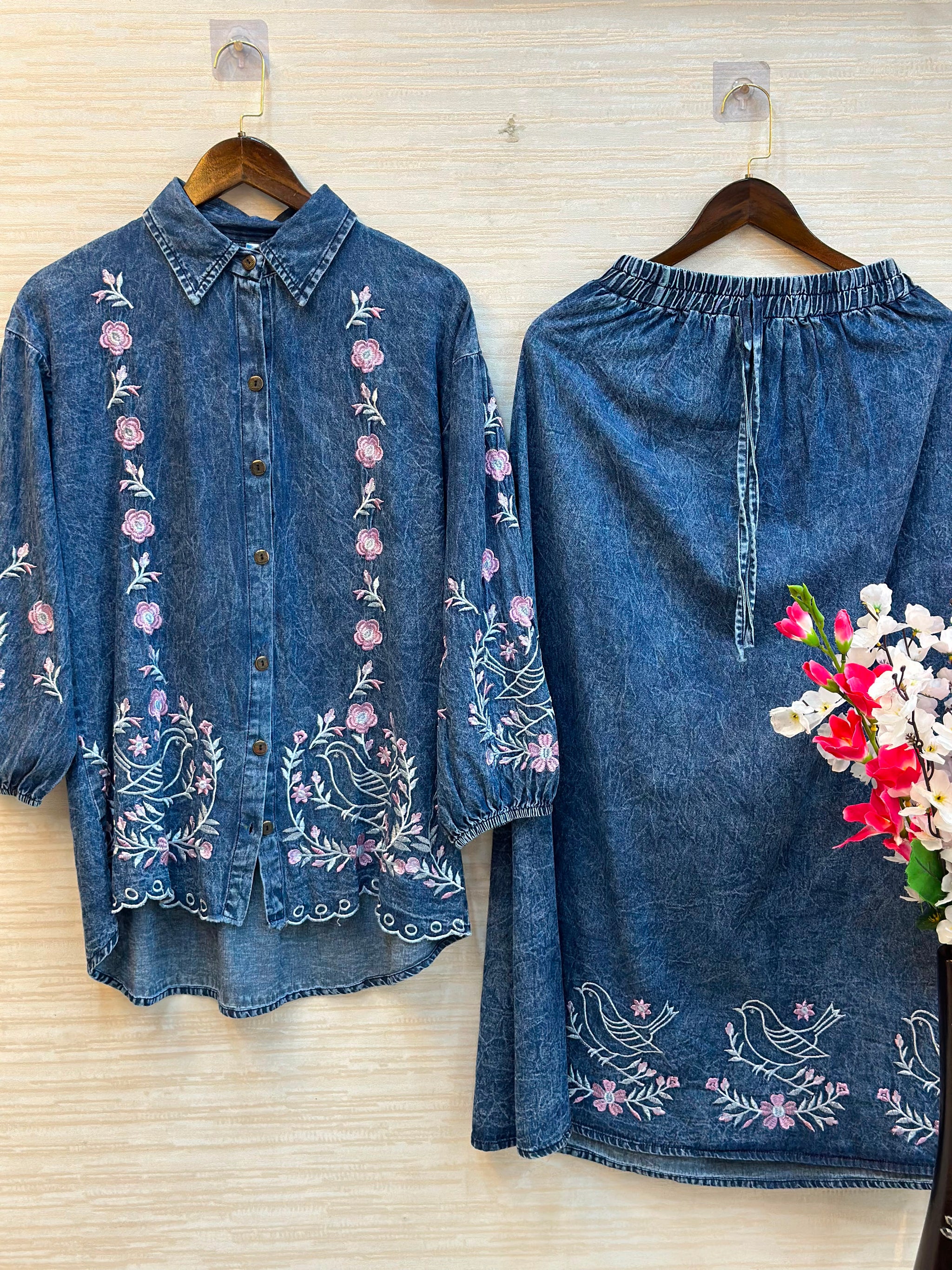 1095 Denim Embroidered Skirt Coord Set - Mid Blue