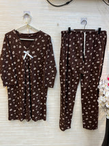 1454 Korean Printed Night Wear - Coffee Brown