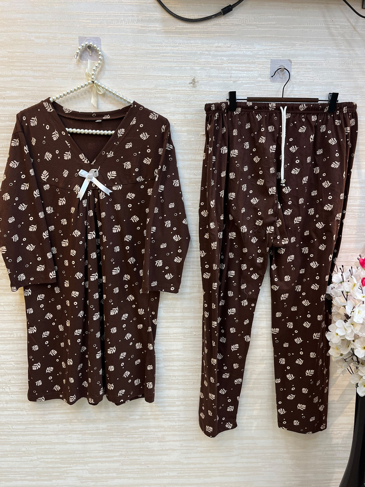 1454 Korean Printed Night Wear - Coffee Brown