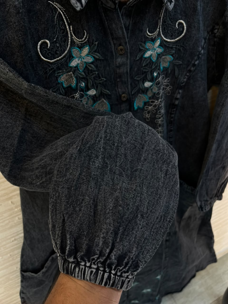 1193 Embroidered Denim Gown - Charcoal Black