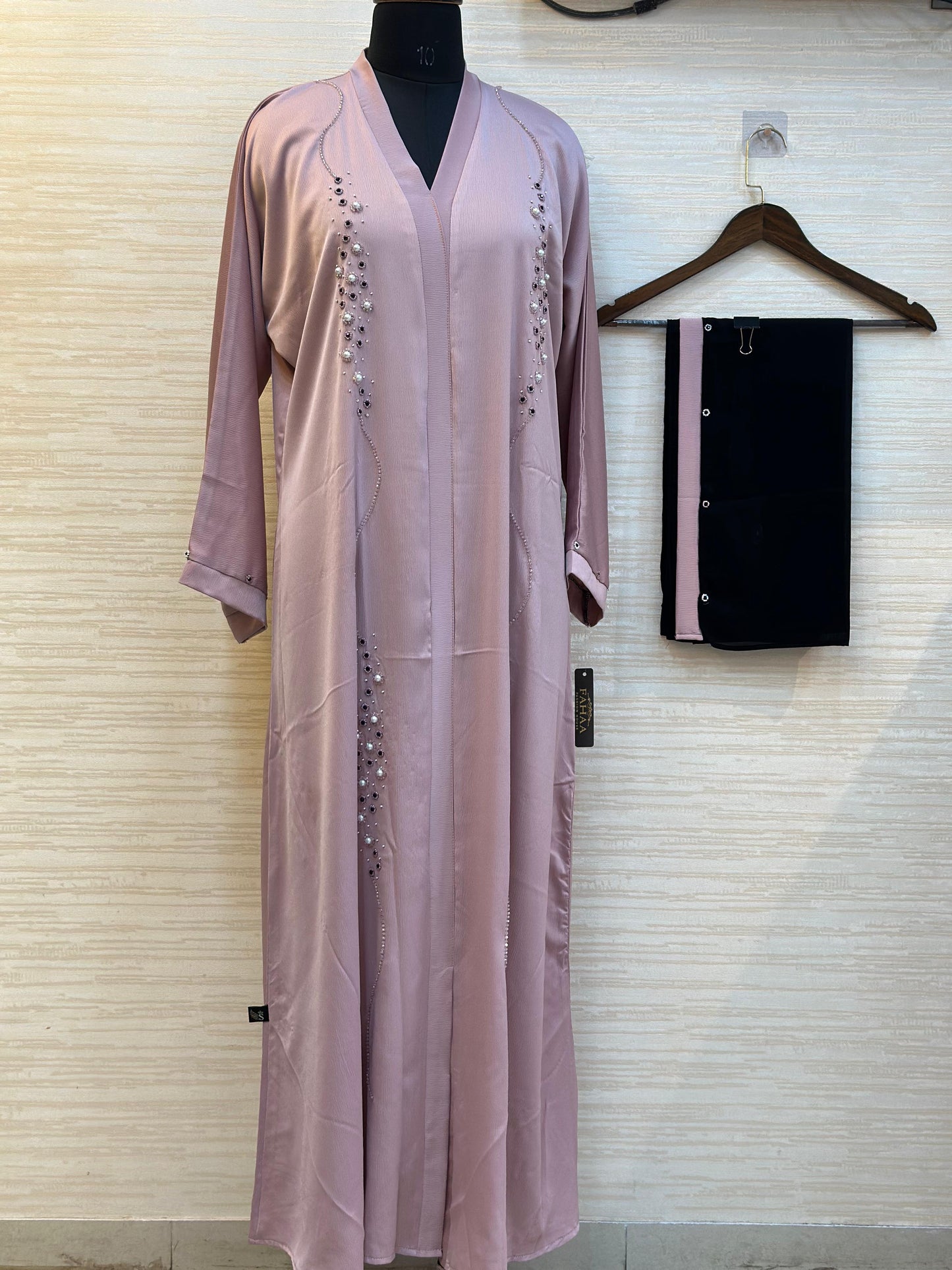 334 Midnight Pearl Embellished Abaya Set - Dusty Pink