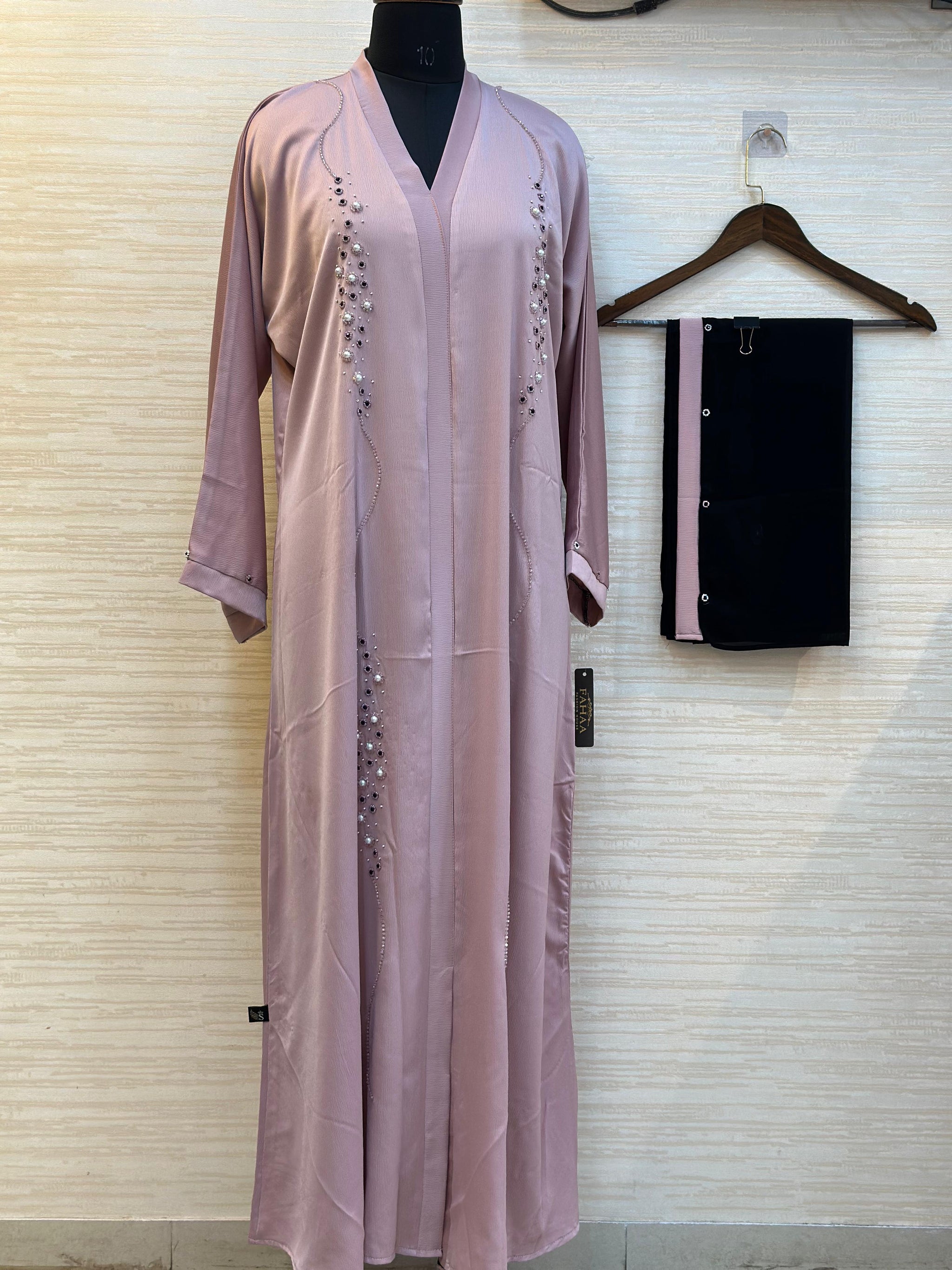 334 Midnight Pearl Embellished Abaya Set - Dusty Pink