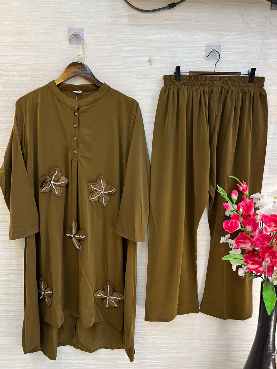 1202 Floral Patch Work Coord Set - Olive Green