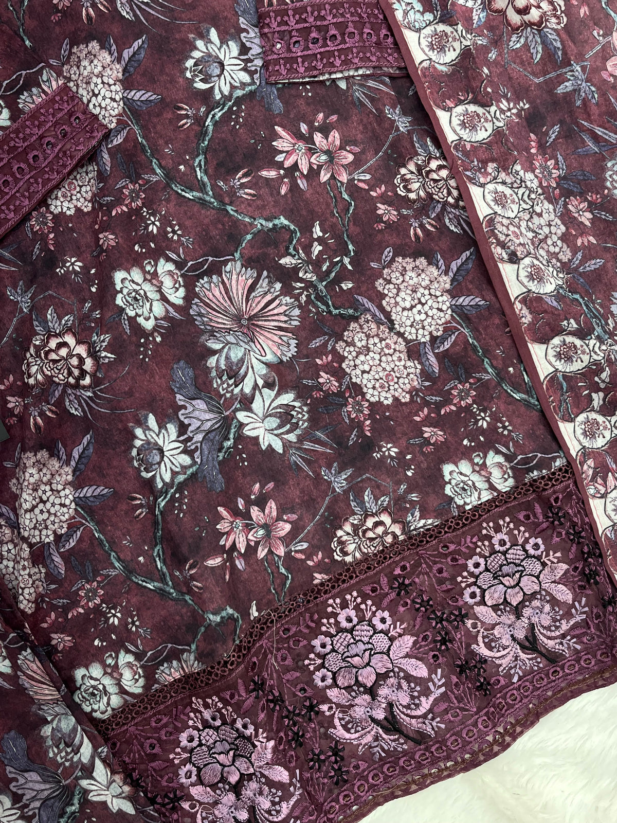 1424 Mausumery Foral Lawn Suit - Plum