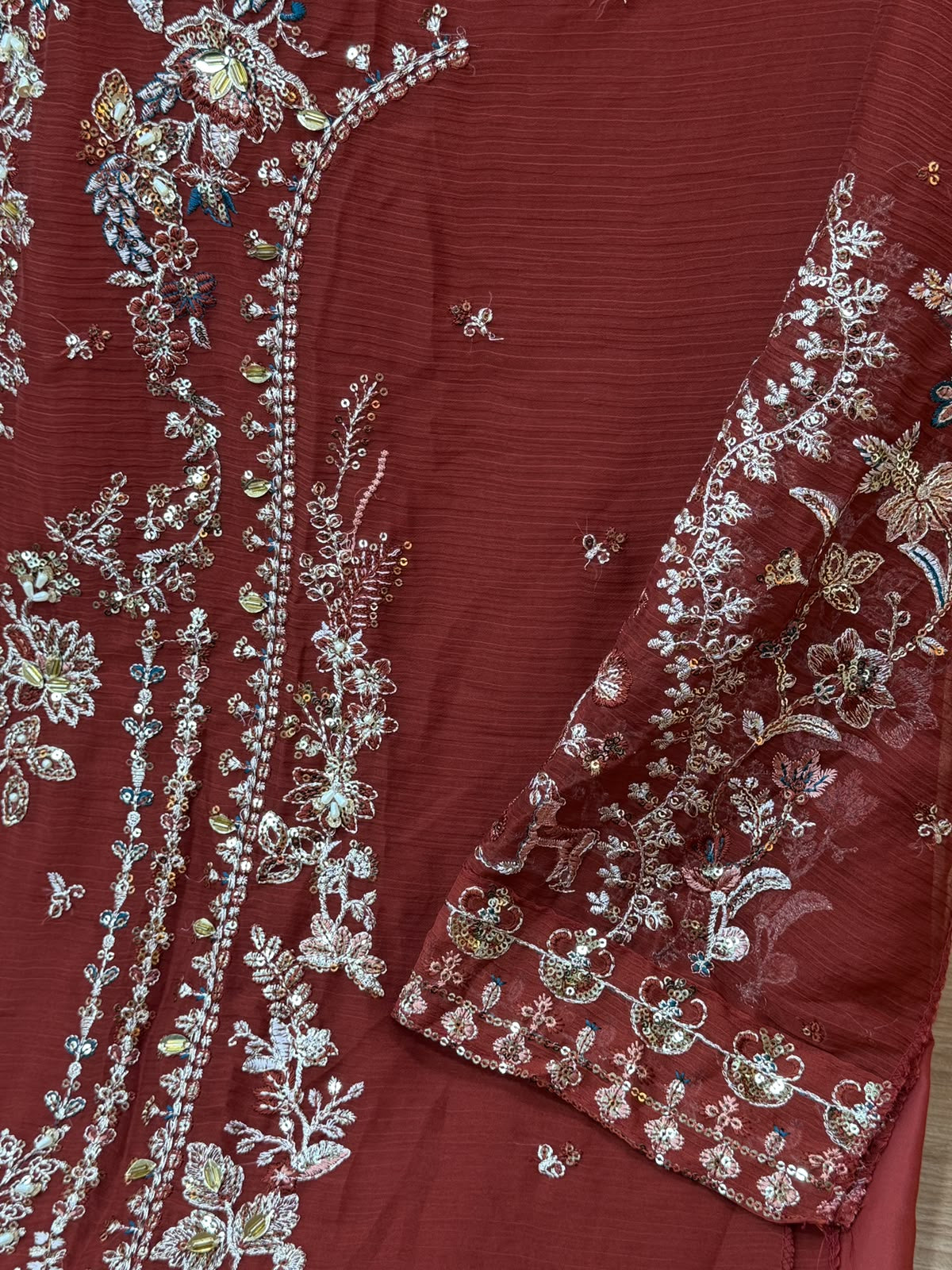 1444 Pakistani Unstitched Partywear - Reddish Brown
