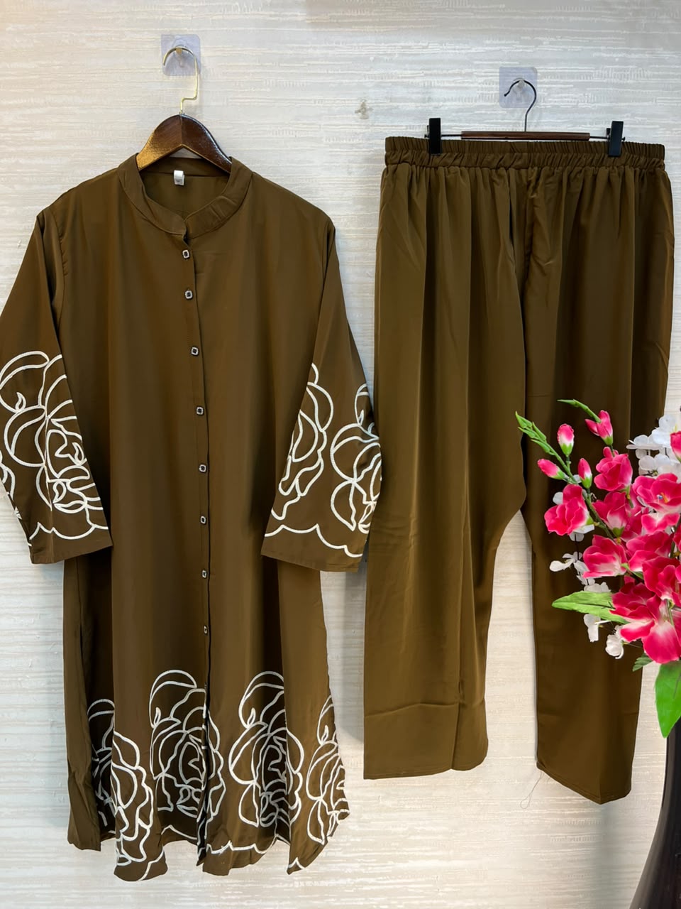 1194 Floral Embroidered Coord Set - Brown