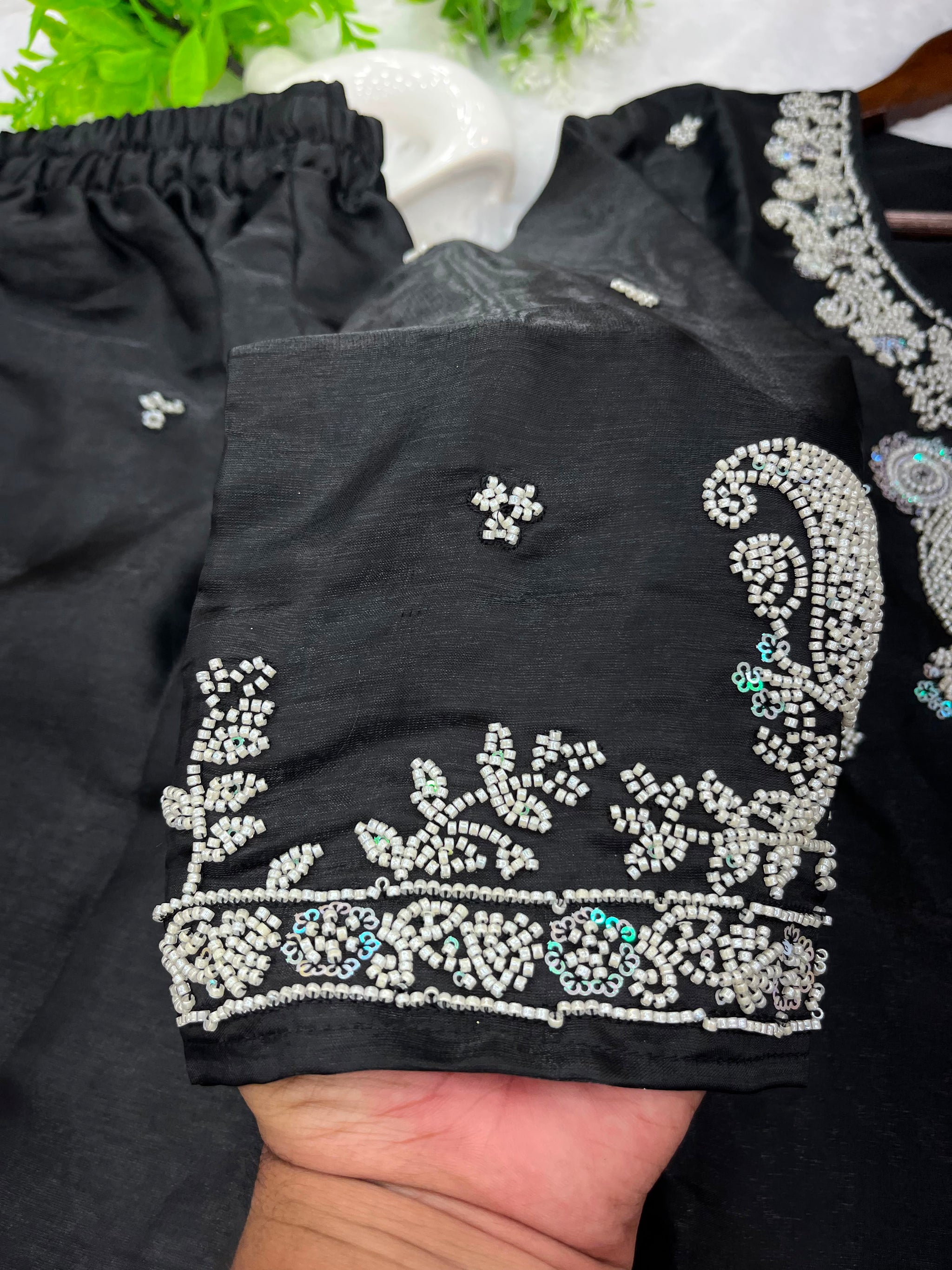 1204 Floral Hand-Work Partywear - Black