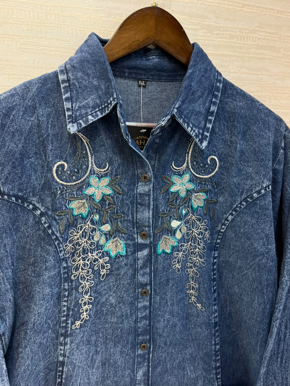 1193 Embroidered Denim Gown - Mid Blue