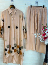 1097 Floral Embroidered Coord Set - Nude Beige