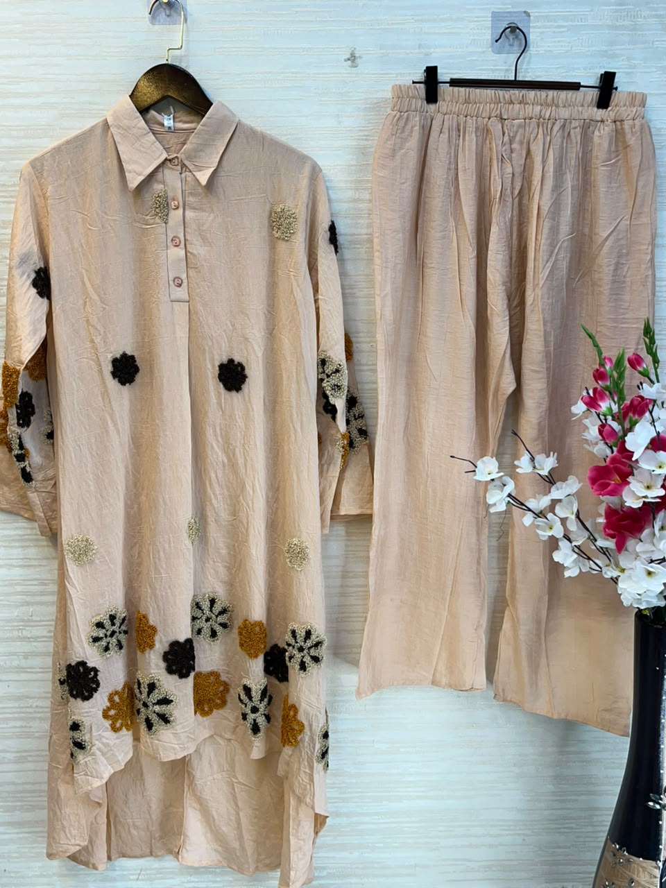 1097 Floral Embroidered Coord Set - Nude Beige