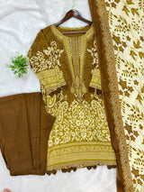 1450 Pakistani Embroidered Suit - Mustard Olive