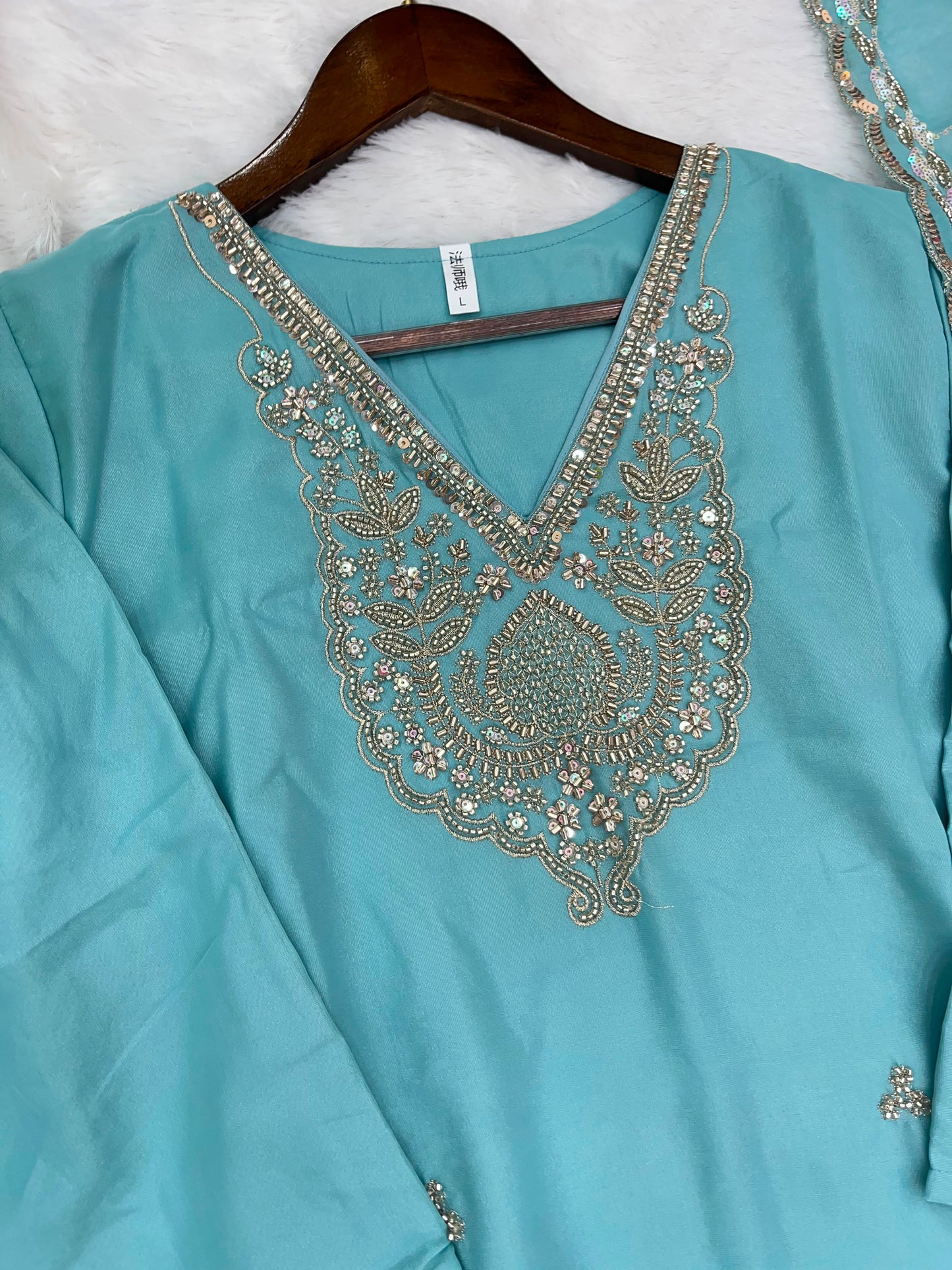 1204 Floral Hand-Work Partywear - Aqua