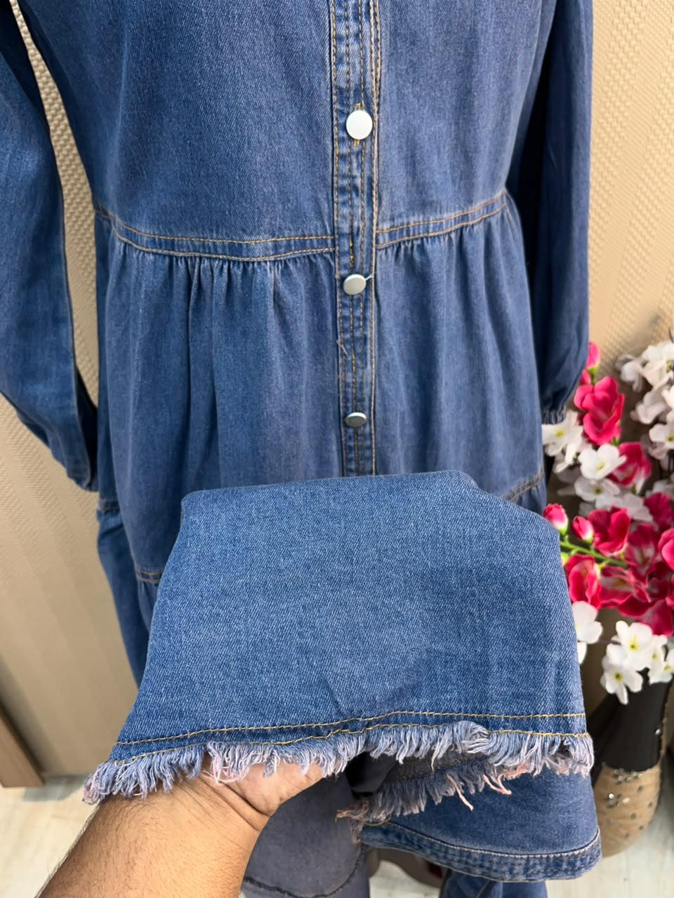 1229 Embroidered Denim Gown - Blue